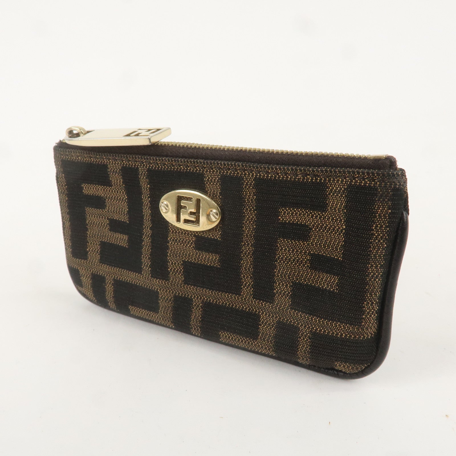 FENDI Set of 2 Zucca Canvas Leather Wallet 
Coin Case Brown Black