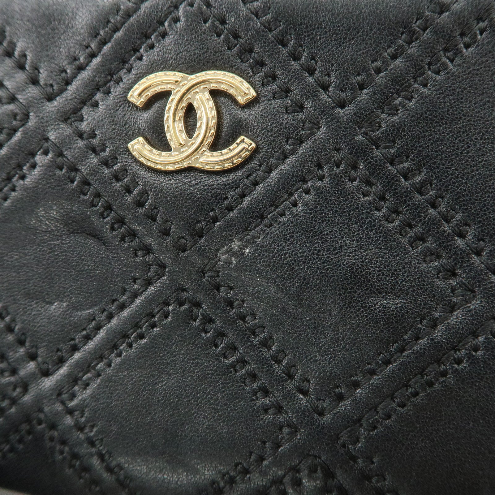 CHANEL Lamb Skin COCO Mark Double Stitch Pouch Black Used