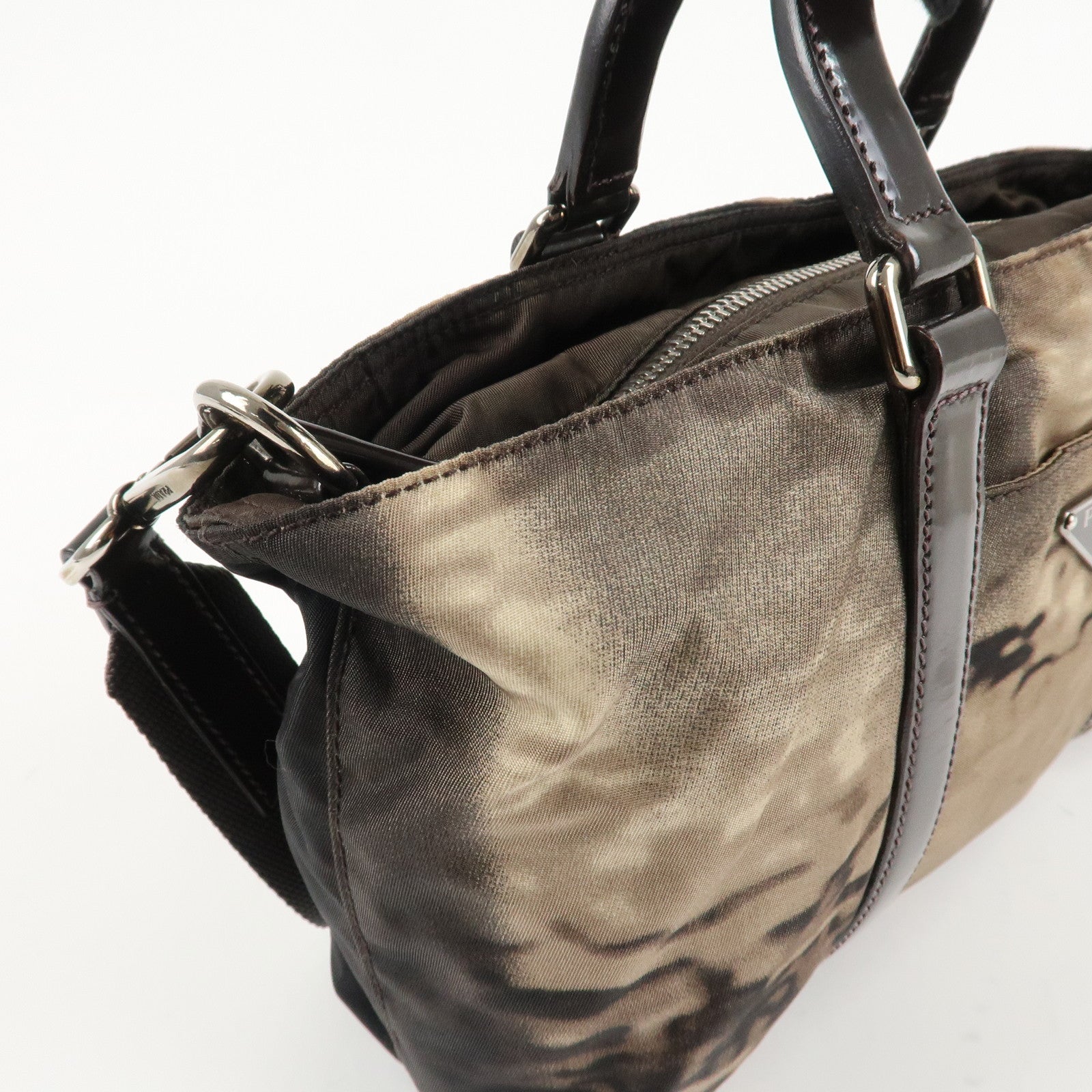 PRADA Nylon Patent Leather 2Way Bag Beige Black Dark Brown