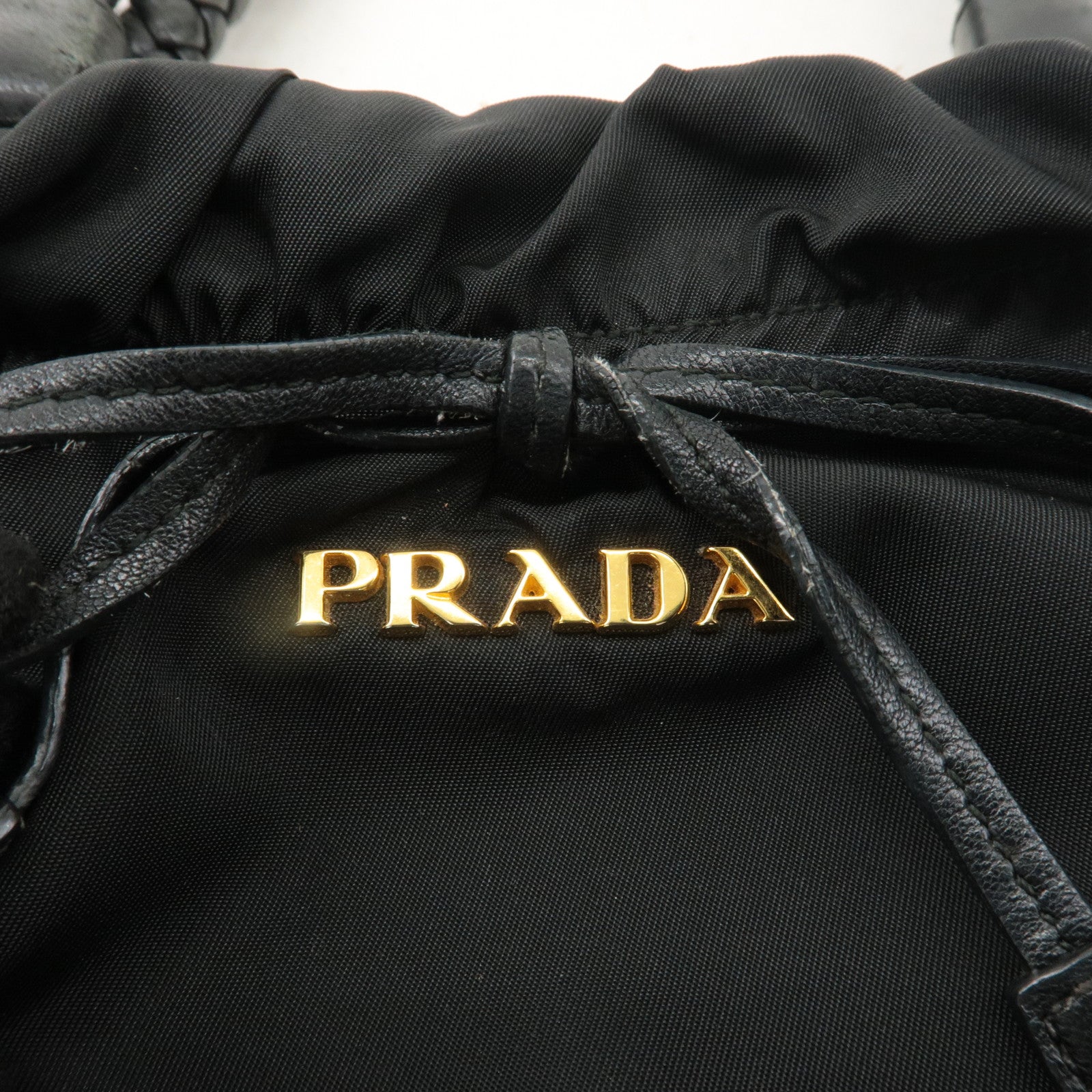 PRADA Logo Nylon Leather Tote Bag Hand Bag Black Gold HDW