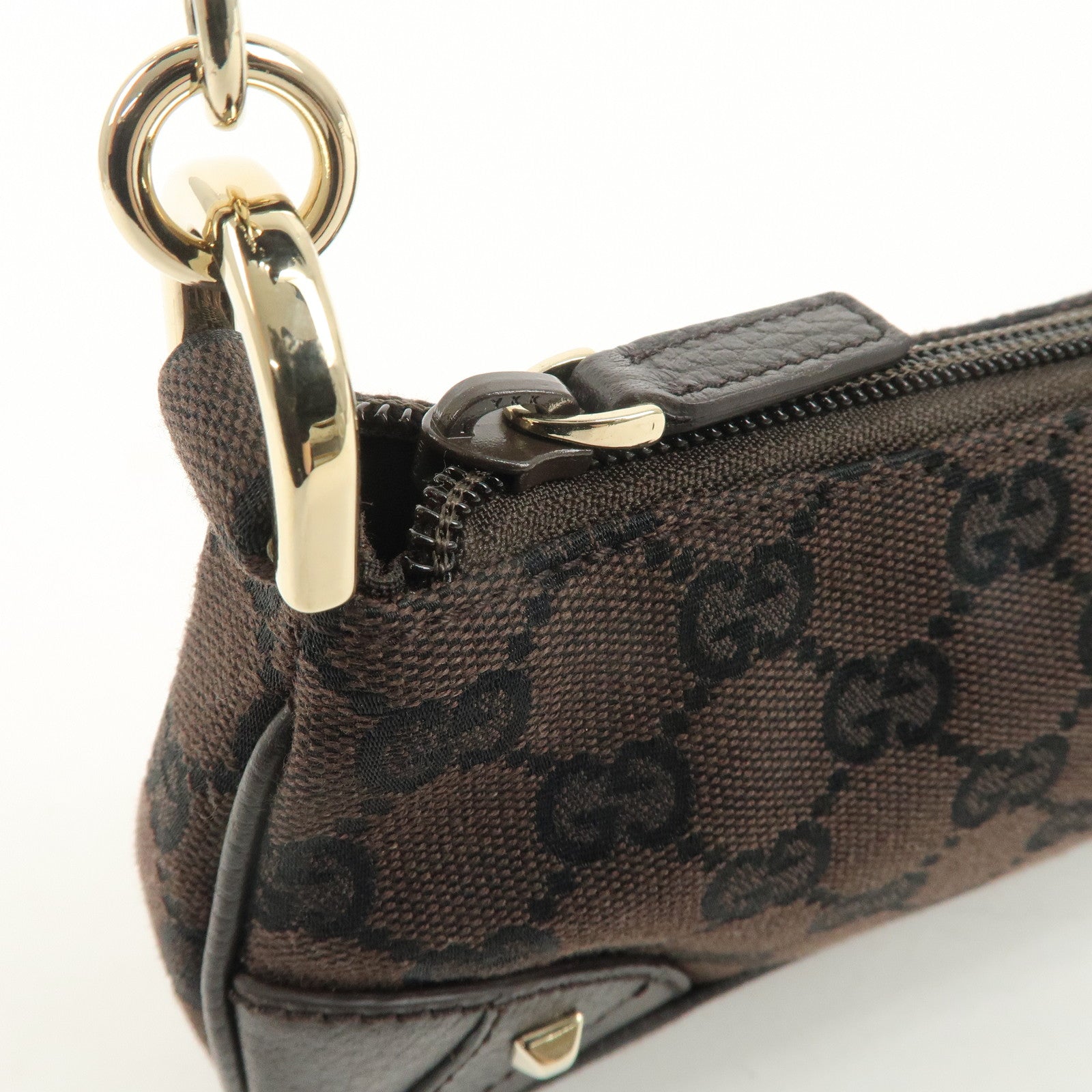 GUCCI GG Canvas Leather Chain Shoulder Bag Dark Brown 27383 Used