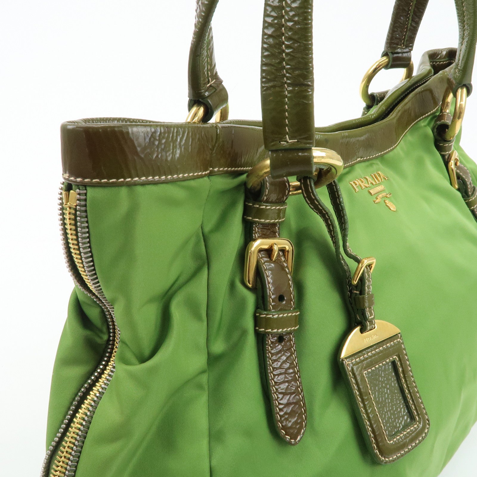 PRADA Nylon Patent Leather Tote Bag Shoulder Bag Green Khaki