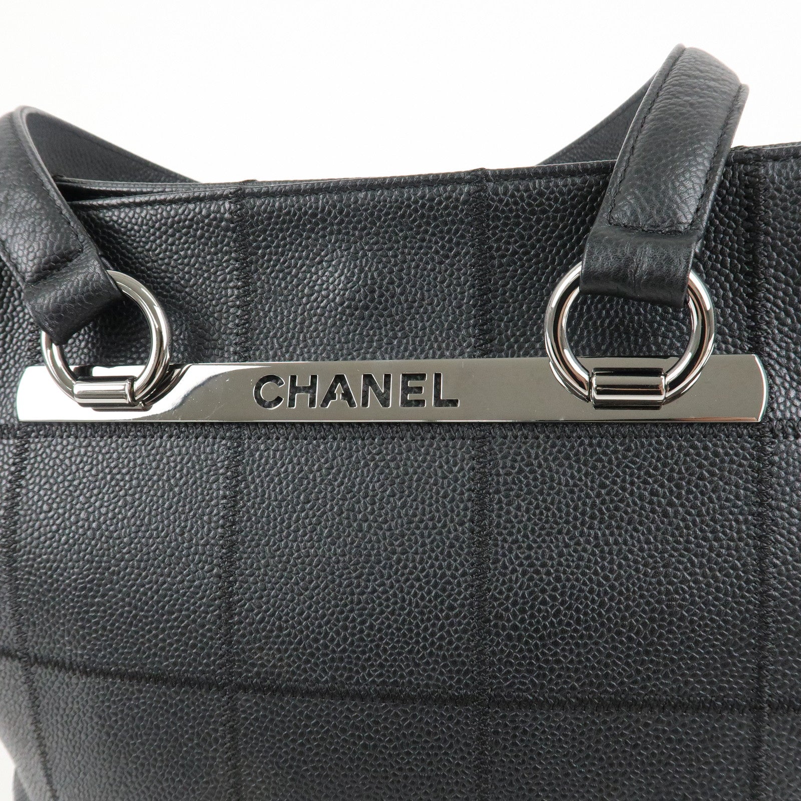 CHANEL Chocolate Bar Caviar Skin Tote Bag Hand Bag Black Used