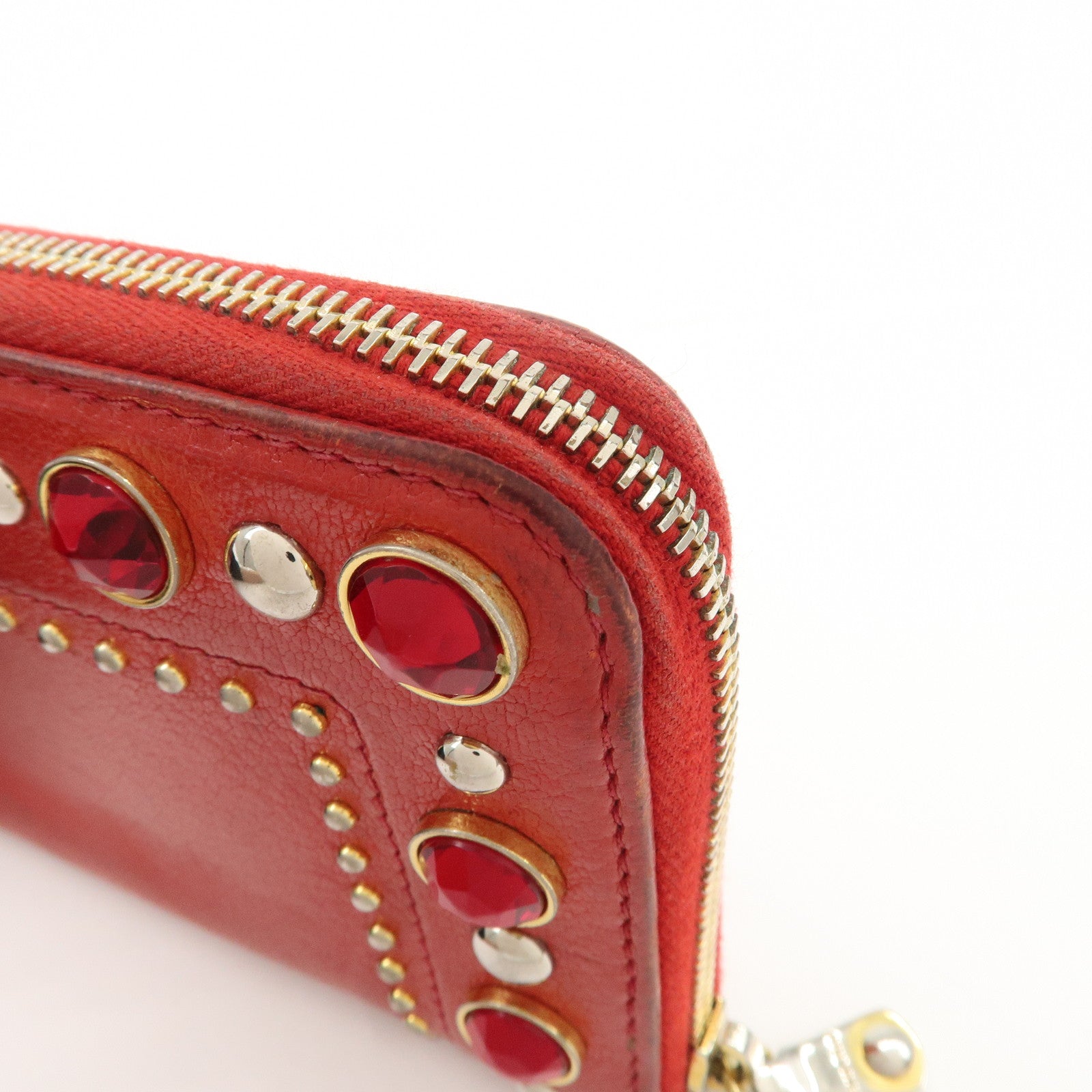 MIU MIU Leather Round Zipper Long Wallet Bijou Studs Red