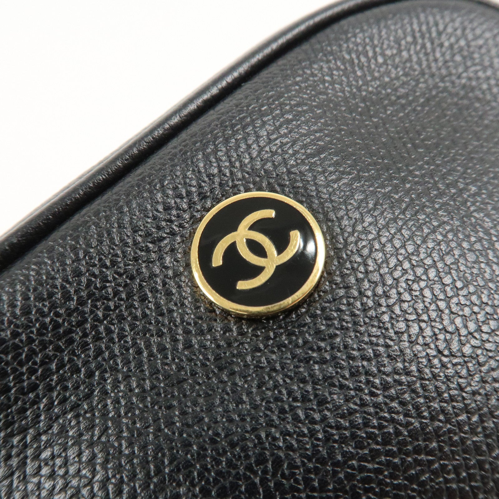 CHANEL COCO Button Leather Cosmetic Pouch Black Gold HDW Used