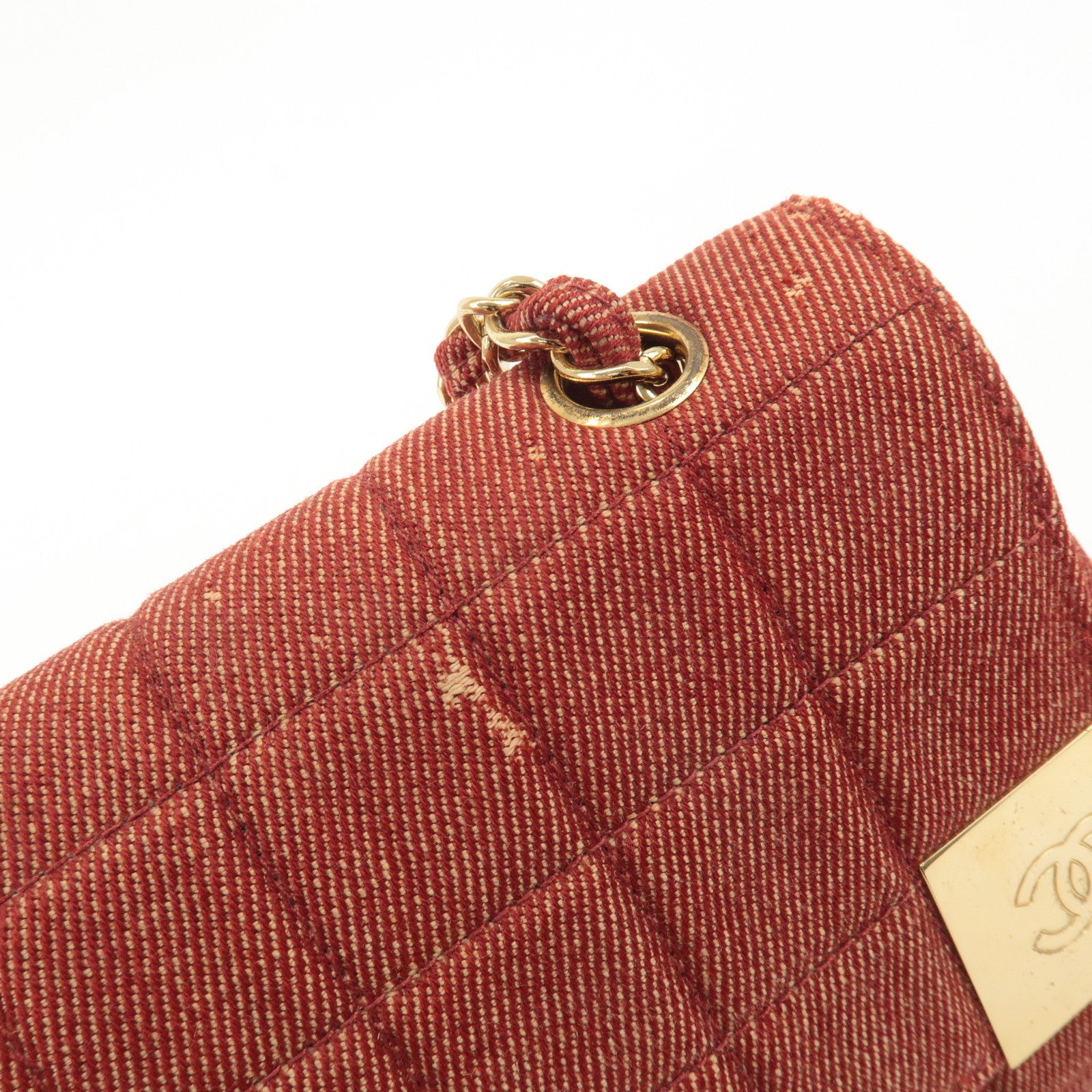 CHANEL Chocolate Bar Canvas Chain Shoulder Bag Red Gold Used