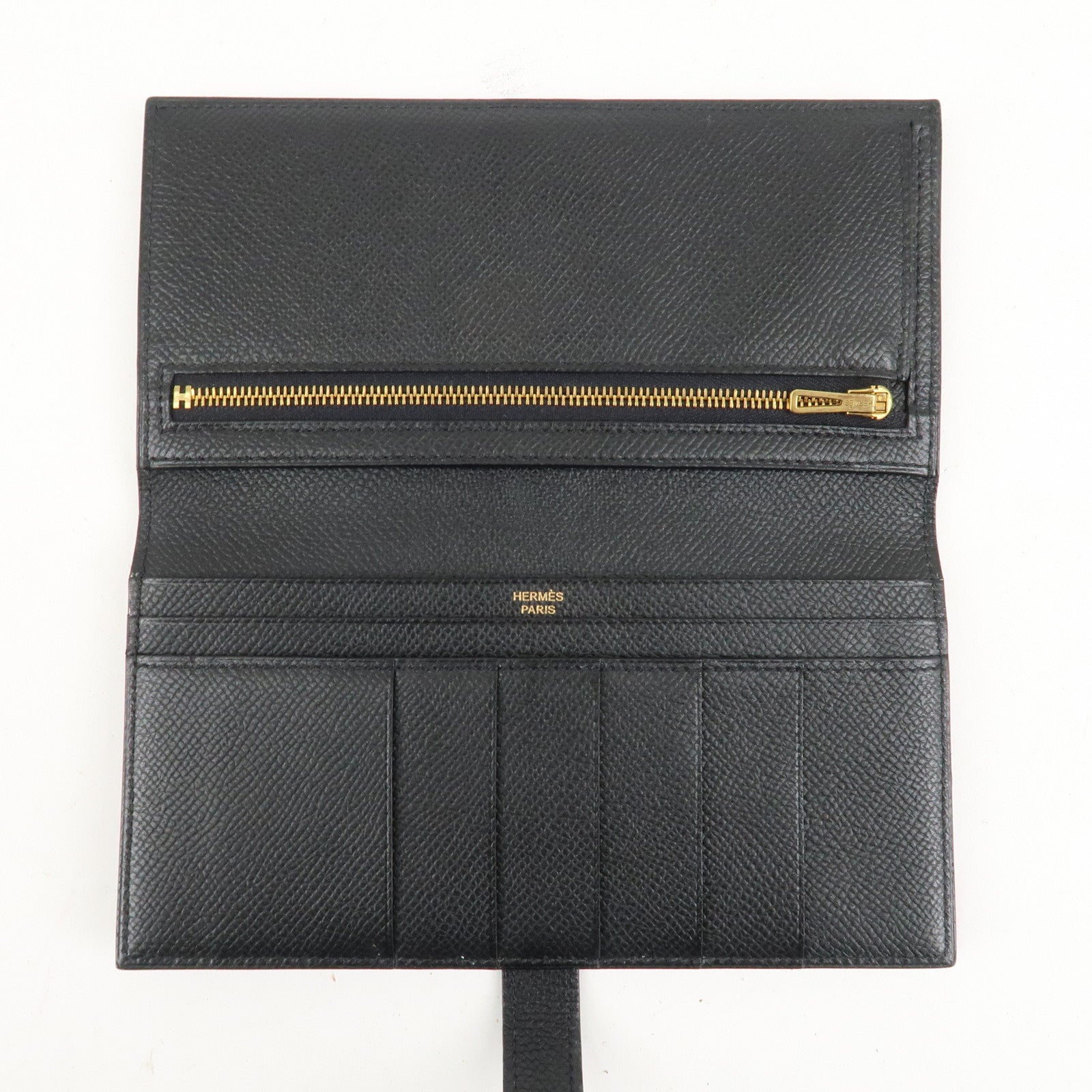 HERMES Leather Bearn Long Wallet M Stamped (around 2009) Black