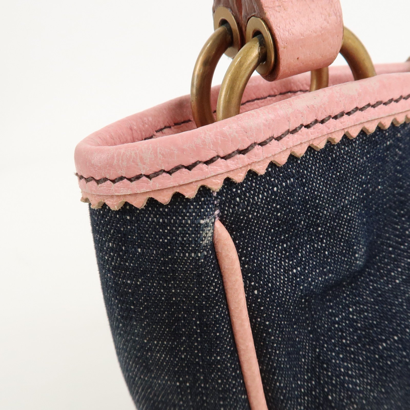 MIU MIU Denim Leather Indigo 2Way Tote Bag Shoulder Bag Pink Used