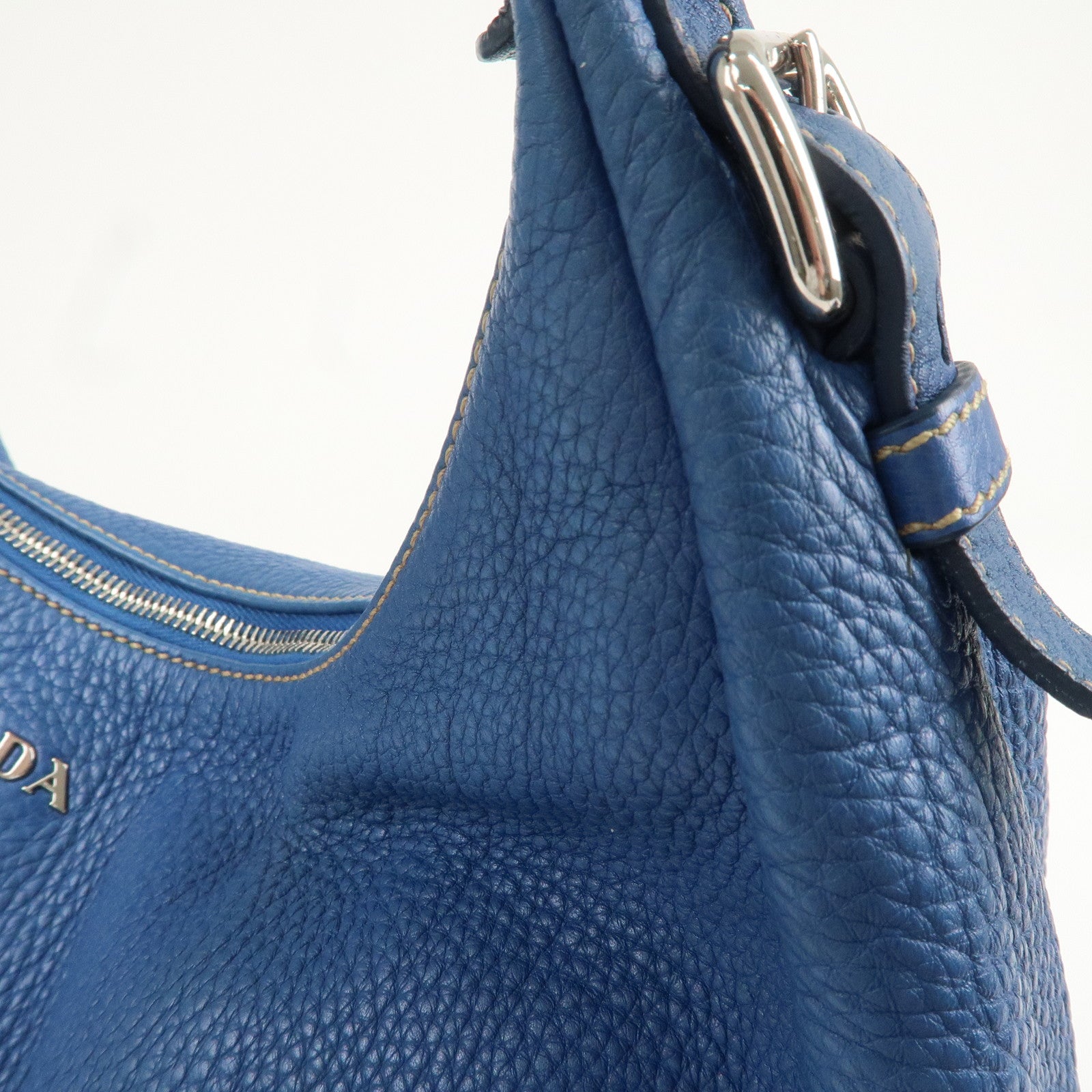 PRADA Logo Leather Shoulder Bag Blue Silver HDW