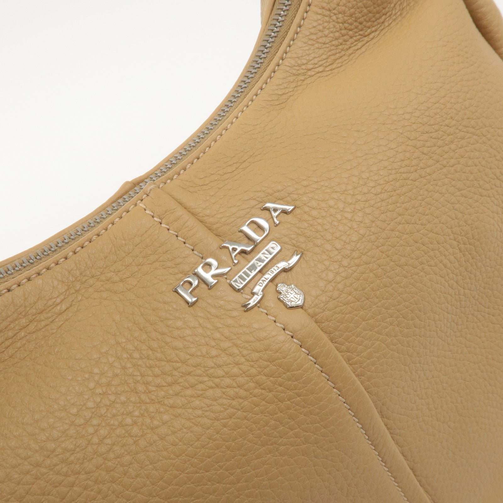 PRADA Logo Leather One Shoulder Bag Hand Bag Beige BR4373