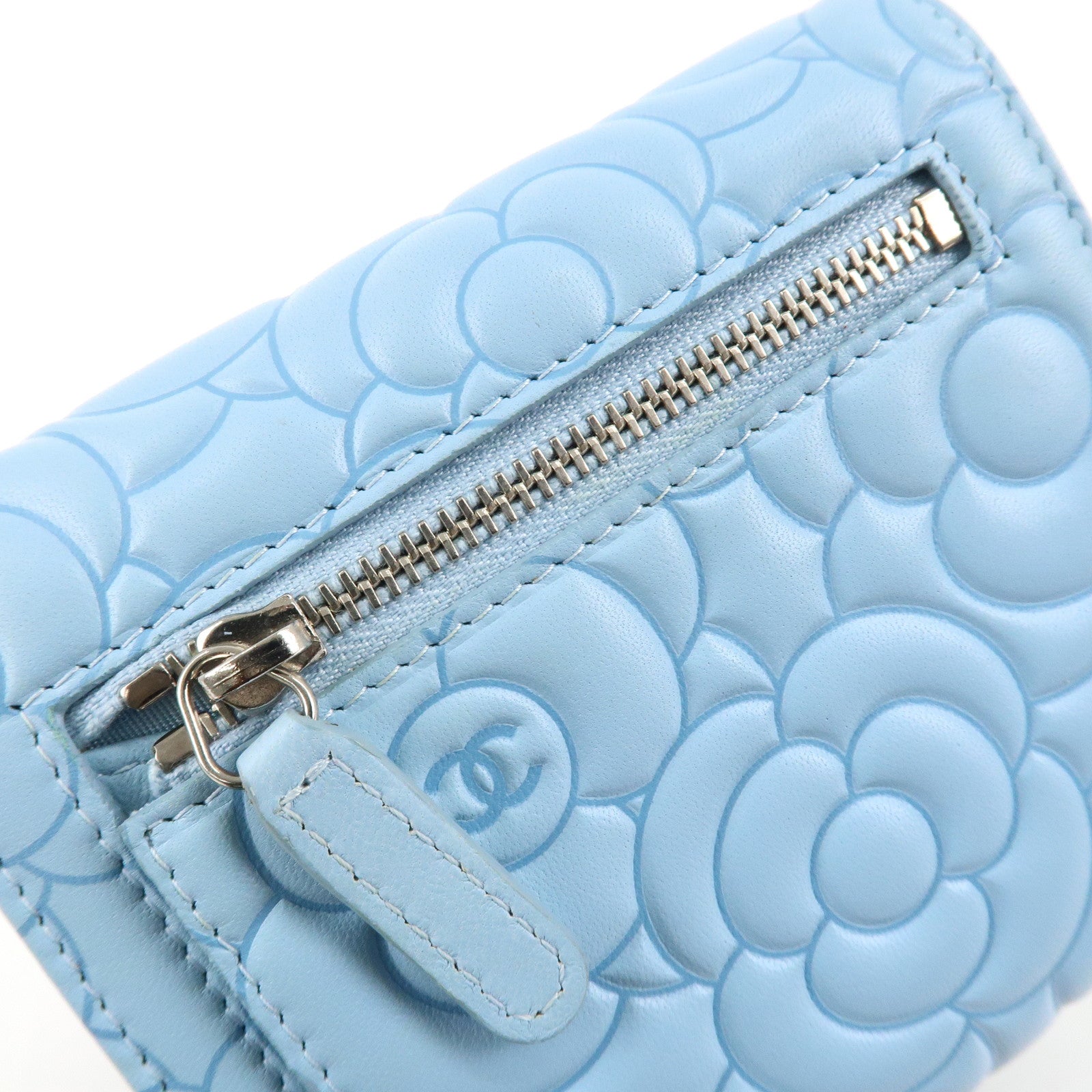 CHANEL Camelia Lamb Skin Bi-fold Wallet Blue Used