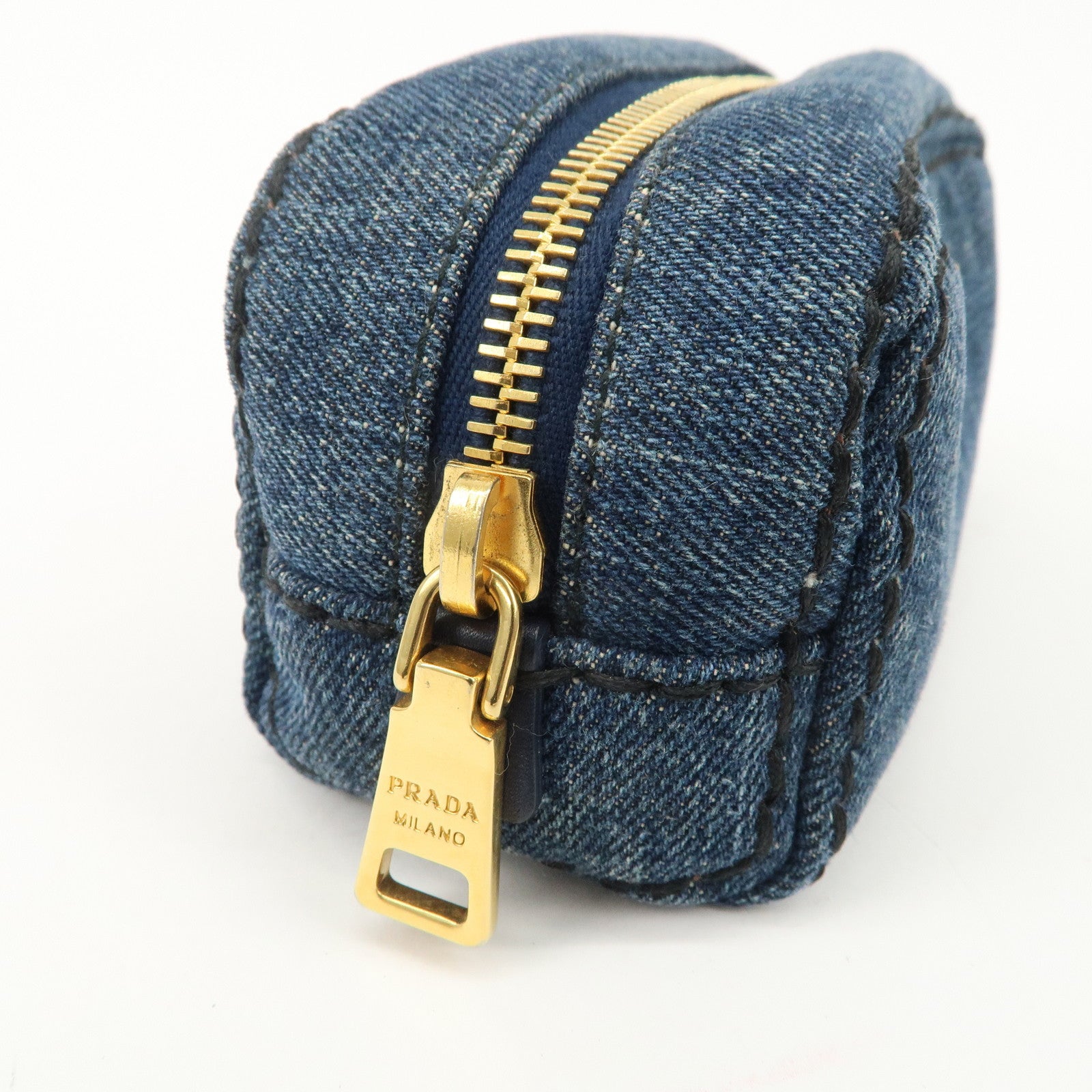 PRADA Triangle Logo Denim Pouch Cosmetic Pouch Blue Gold HDW