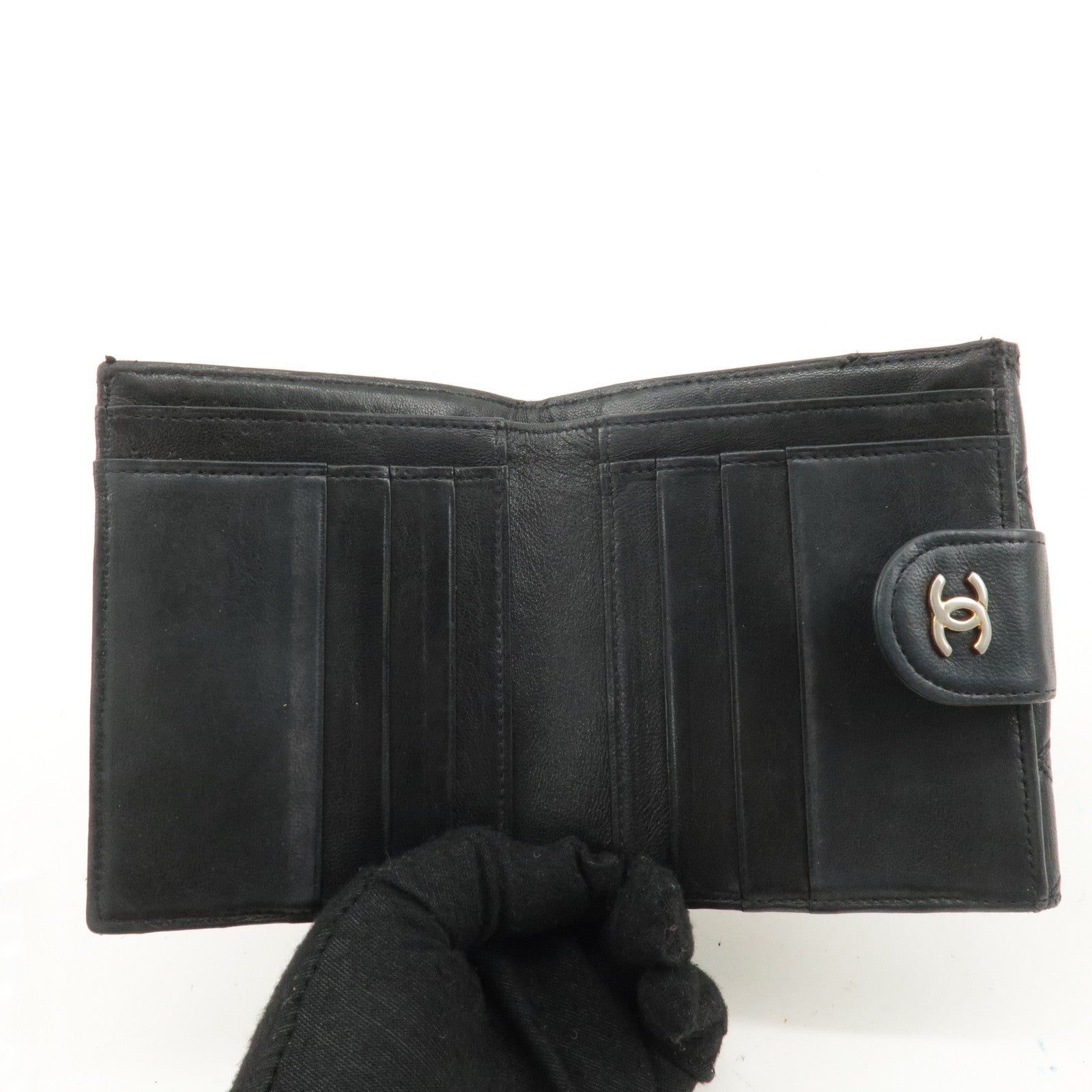 CHANEL Bicolore Lamb Skin Coco Mark Bi-fold Wallet Black