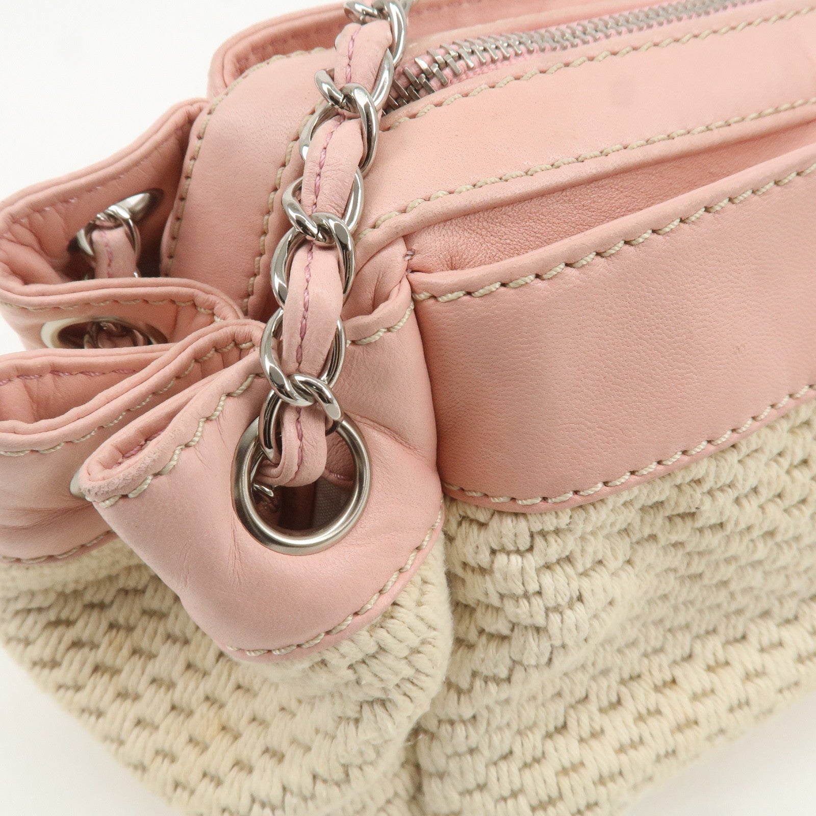 CHANEL Canvas Leather Logo Chain Tote Bag Beige Pink