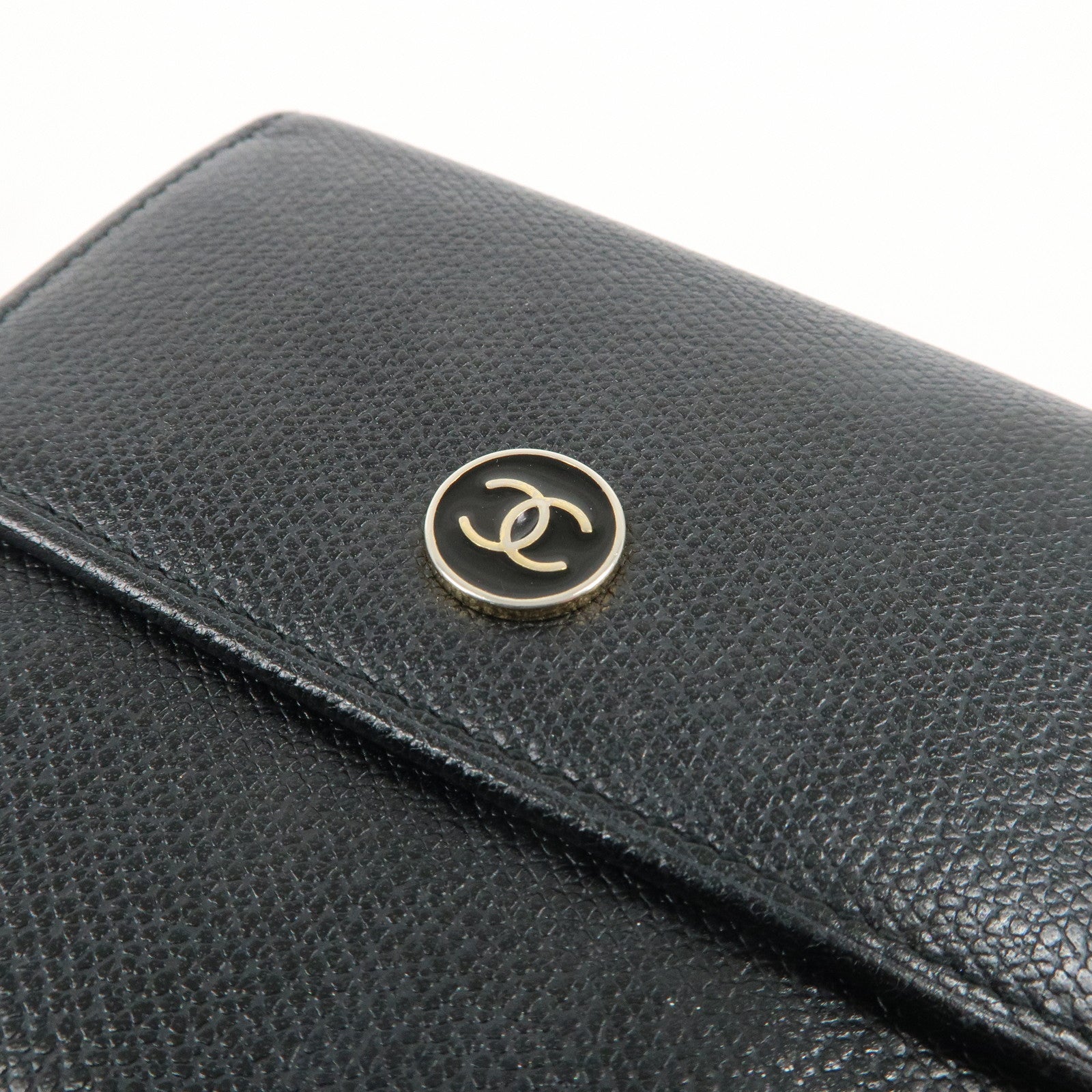 CHANEL Leather Coco Button Trifold Wallet Black