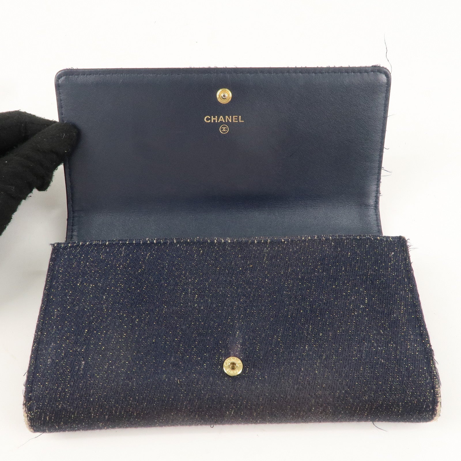 CHANEL Deauville Canvas Bi-fold Long Wallet Purse Navy Gold