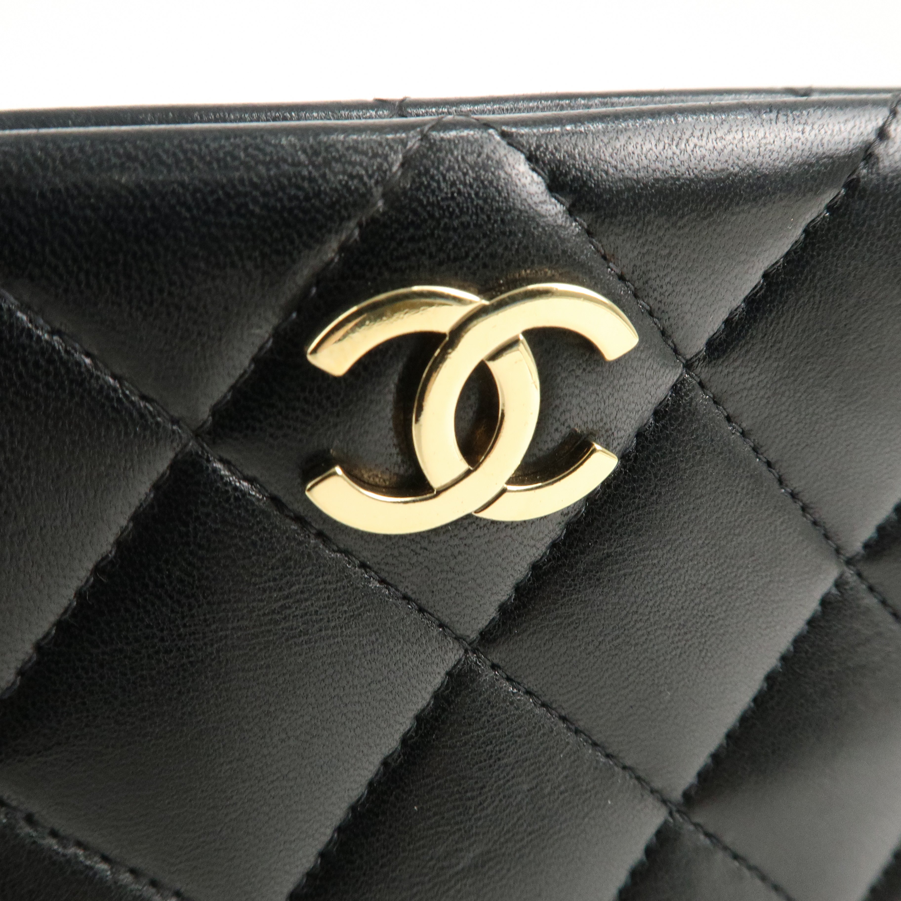 CHANEL Matelasse Lamb Skin Chain Tote Bag Hand Bag Black Gold