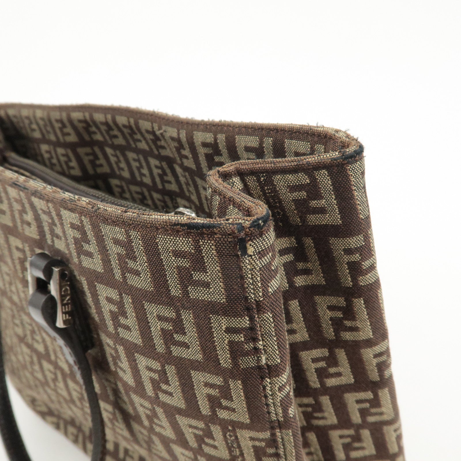 FENDI Zucchino Canvas Leather Hand Bag Beige Brown 8BH072 Used