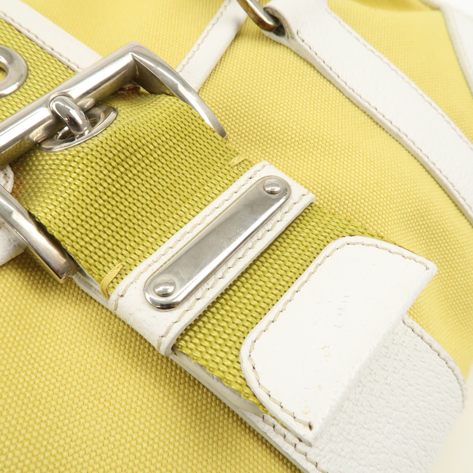 PRADA Triangle Logo Canvas Leather Shoulder Bag Yellow Silver HDW Used