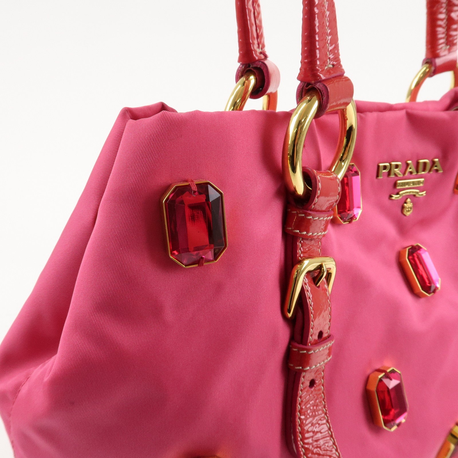 PRADA Nylon Patent Leather Bijou Tote Bag Pink Red BR4138 Used