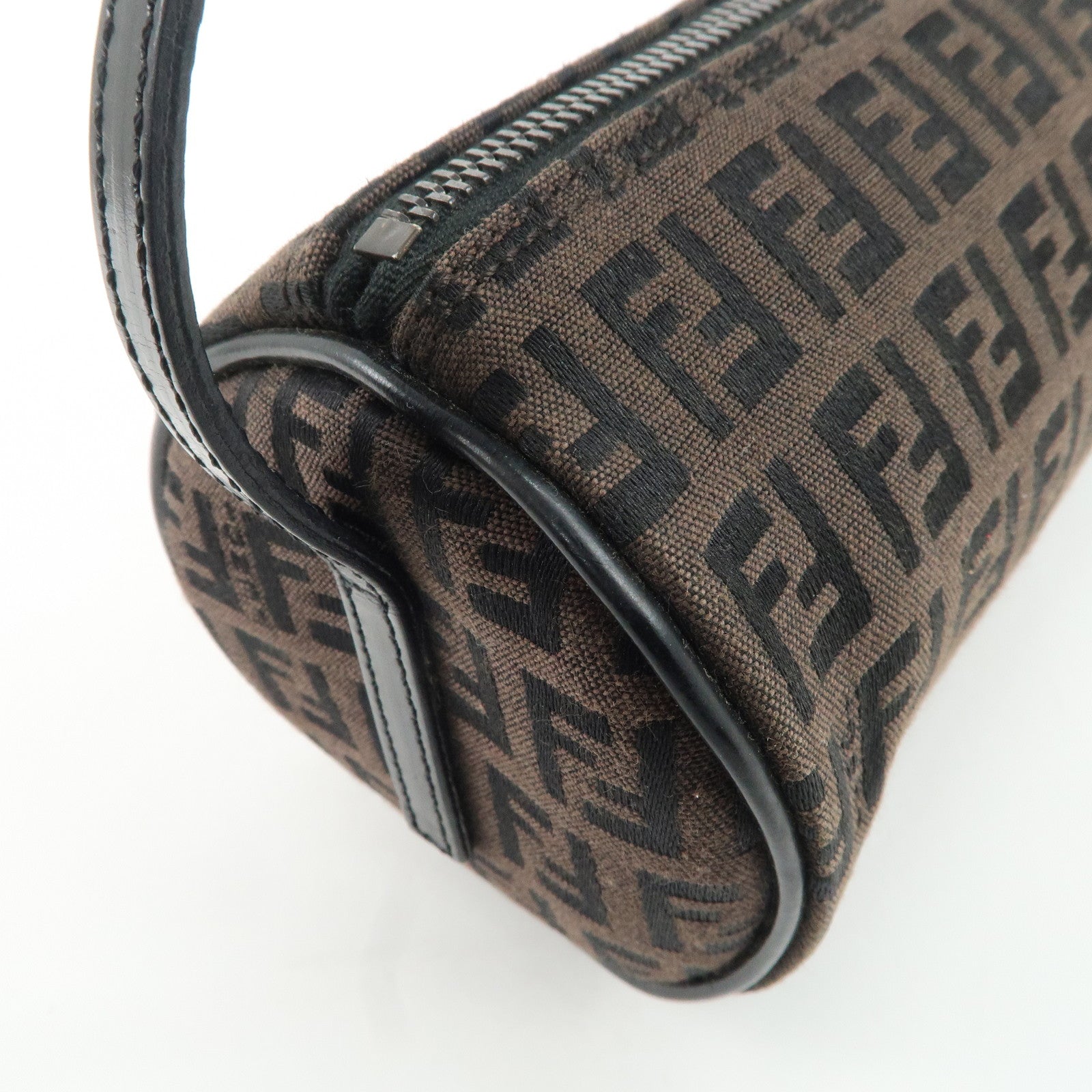 FENDI Zucchino Canvas Leather Pouch Hand Bag Black Brown 7N0016 Used