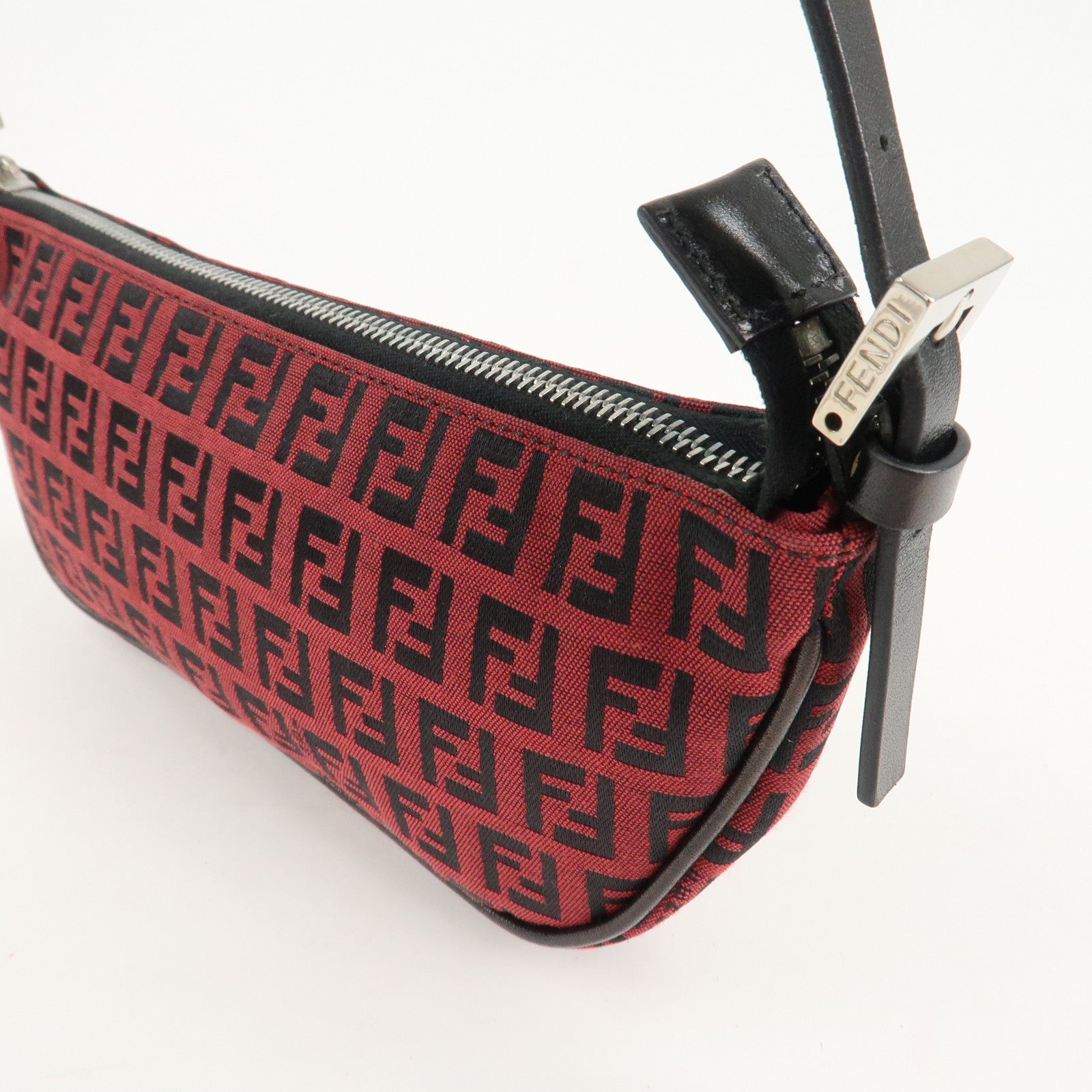 FENDI Zucchino Canvas Leather Accessory Pouch Hand Bag Black Red Used