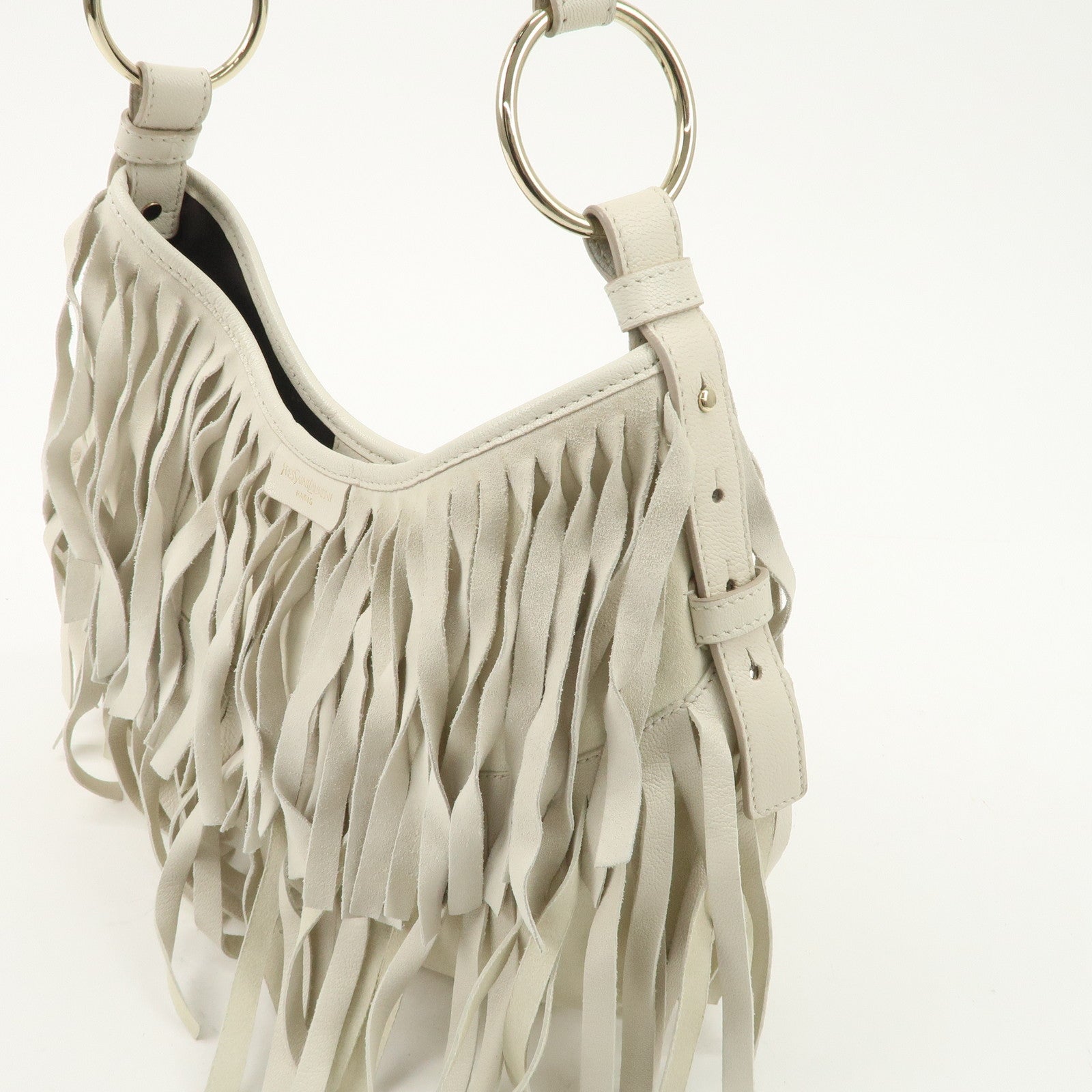 Saint Laurent Paris Suede Leather Fringe Shoulder Bag Ivory 138961 Used