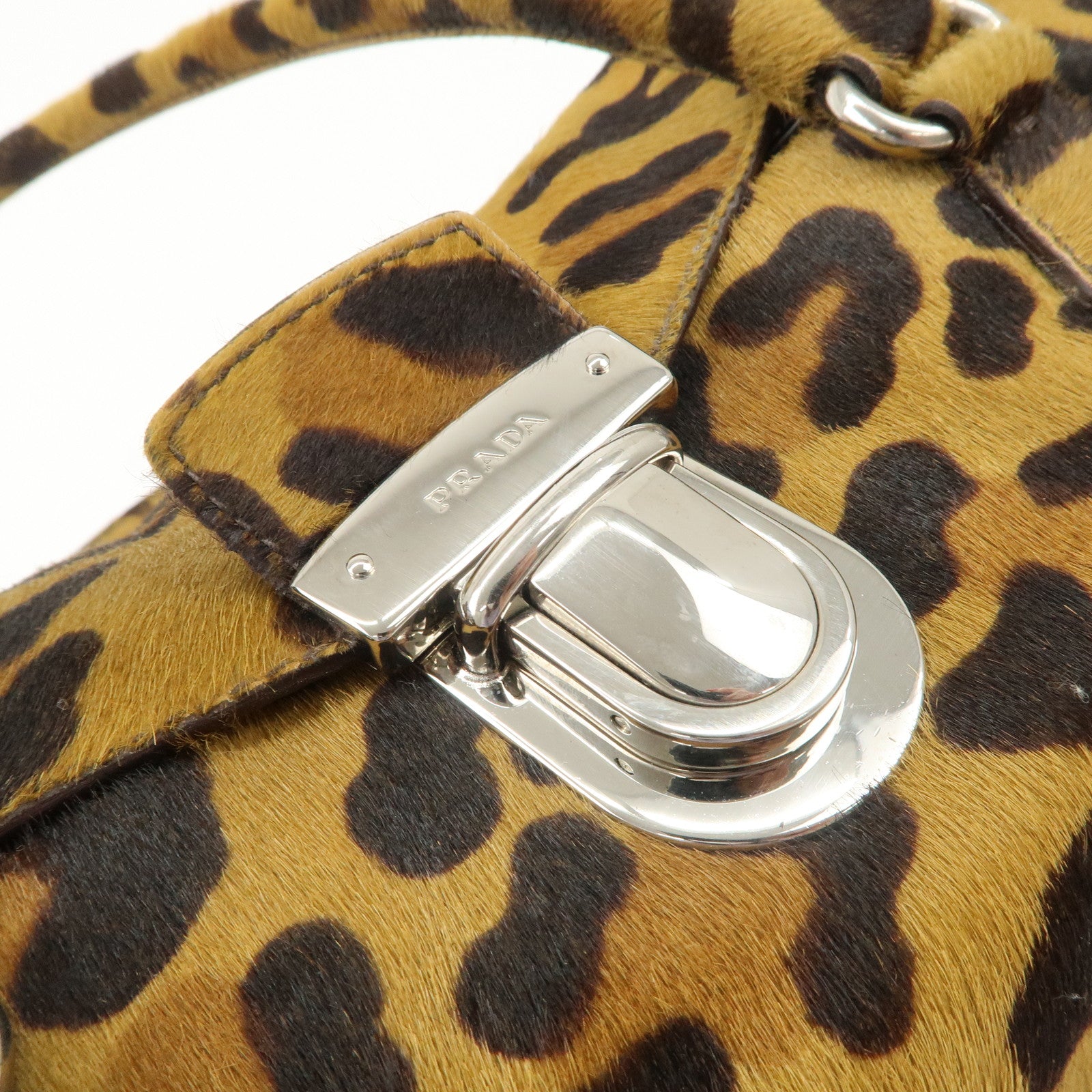 PRADA Logo Unborn Calf Leopard Shoulder Bag Hand Bag Brown