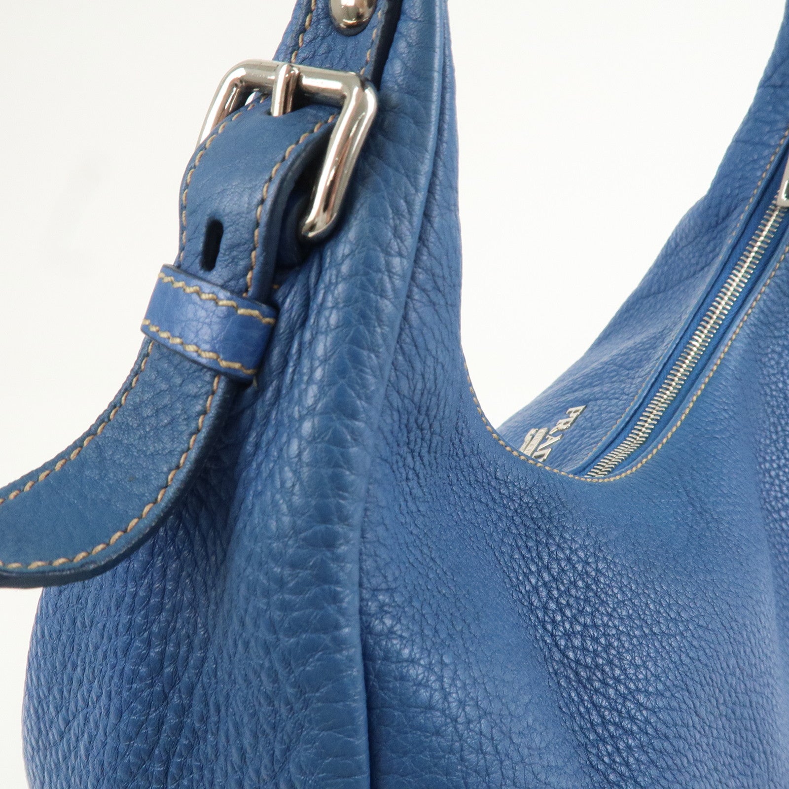 PRADA Logo Leather Shoulder Bag Blue Silver HDW