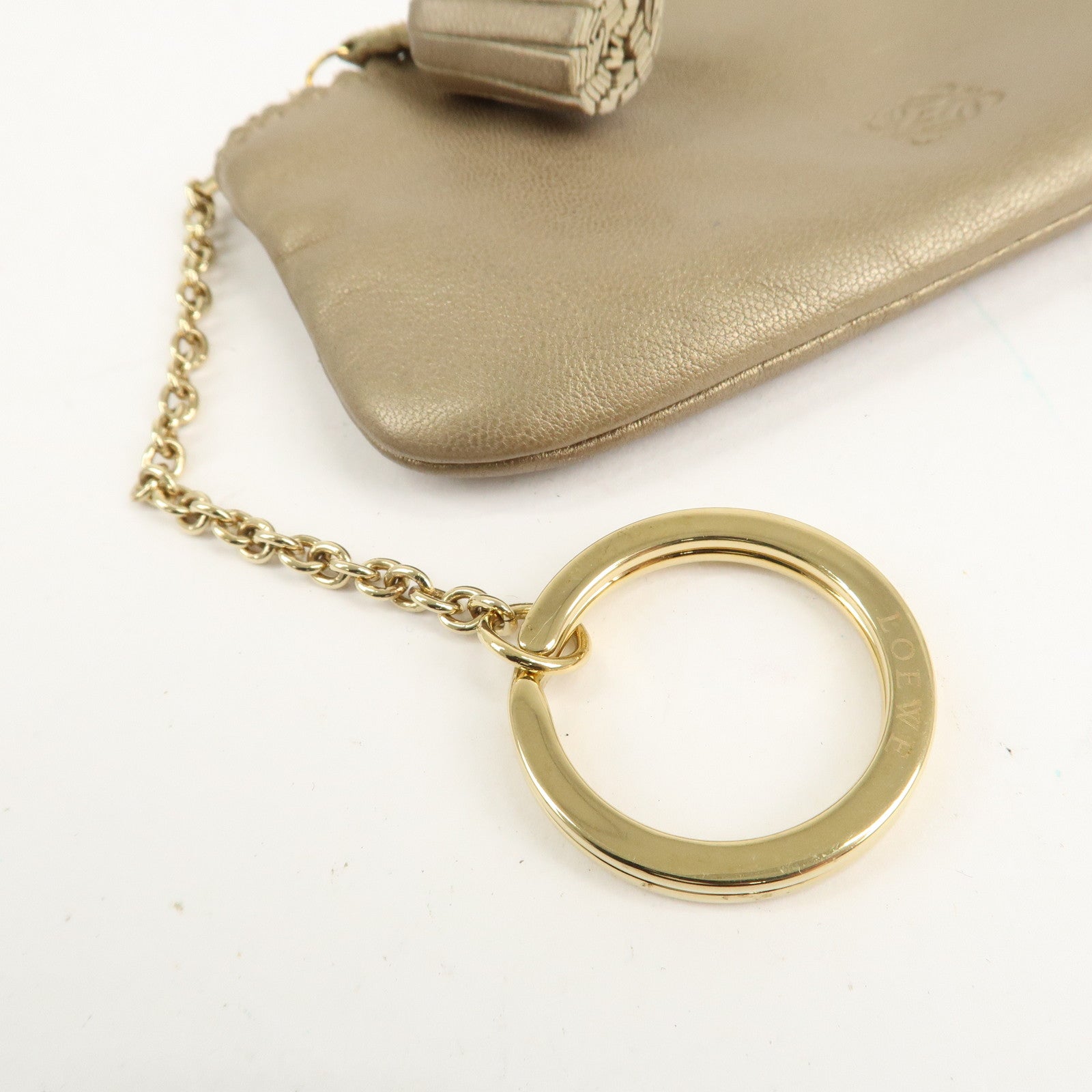 LOEWE Anagram Leather Pouch Coin Case with Keyring Gold Used