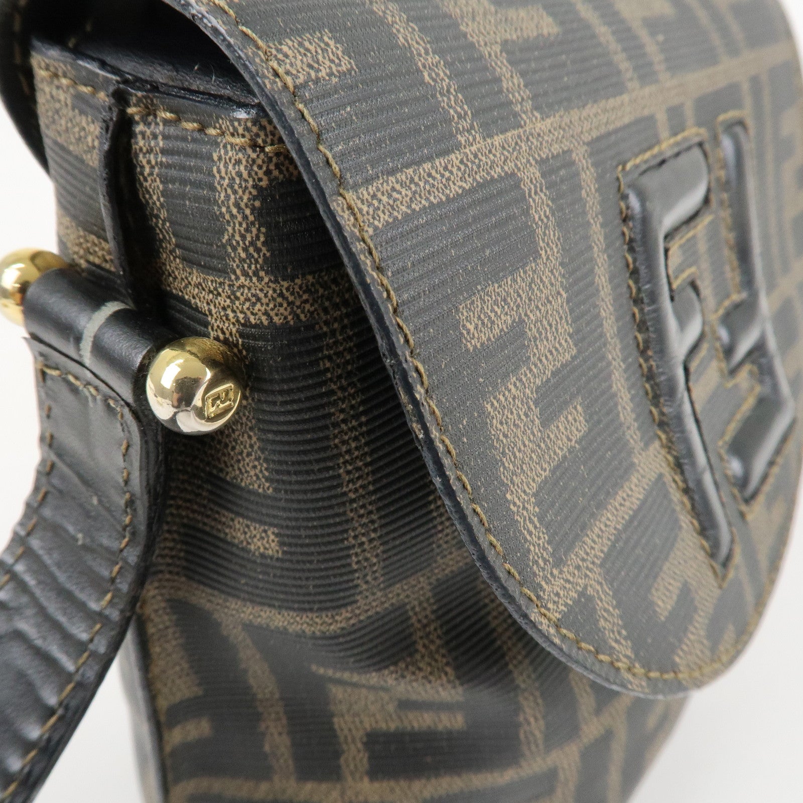 FENDI Zucca Logo Print PVC Leather Shoulder Bag Black Brown