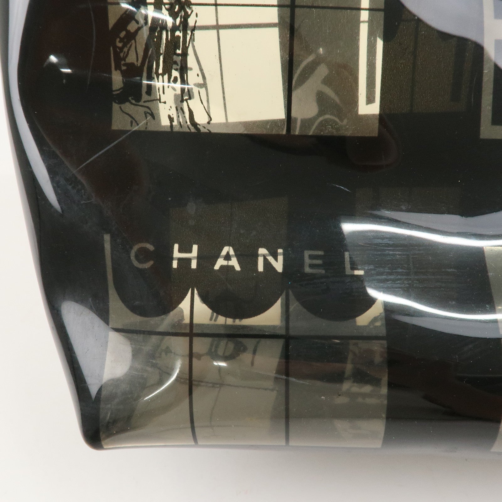 CHANEL Windows Line Vinyl Tote Bag Clear Black Used