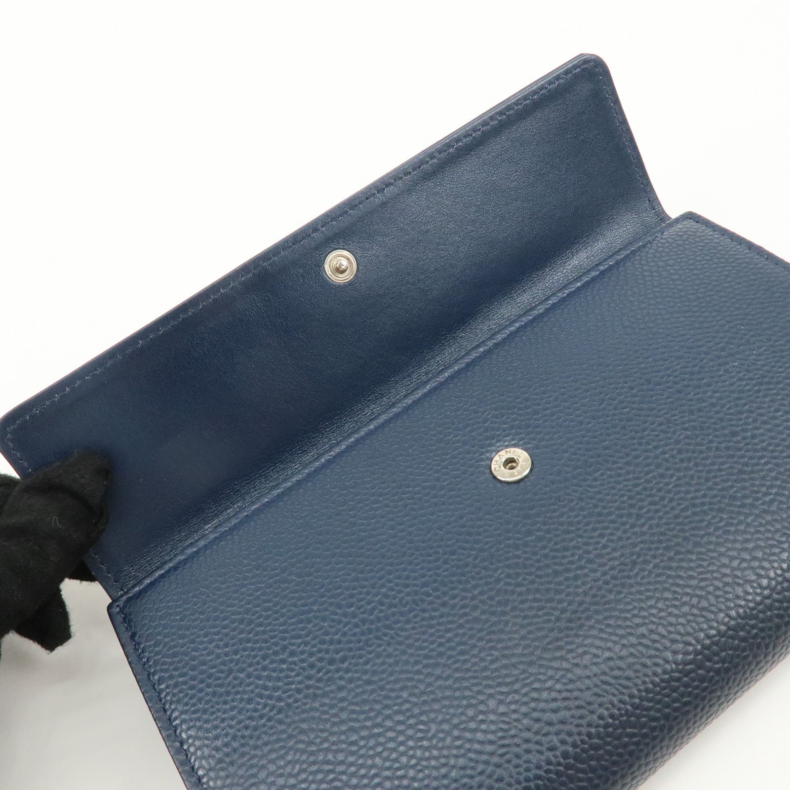 CHANEL Coco Mark Caviar Skin Double Hook Wallet Navy A48649 Used