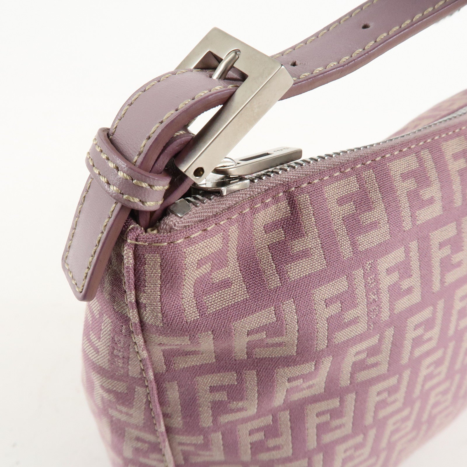 Auth FENDI  Zucchino Canvas Leather Hand Bag Pouch Purple Beige 8N0005 Used F/S