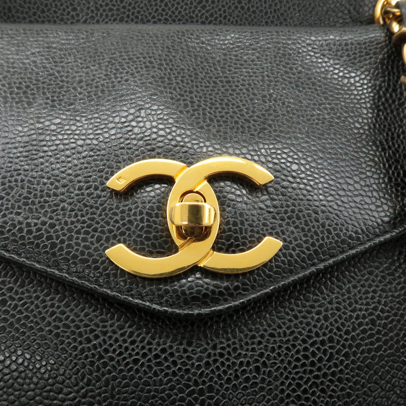 CHANEL Caviar Skin Chain Tote Bag Shoulder Bag Black Gold