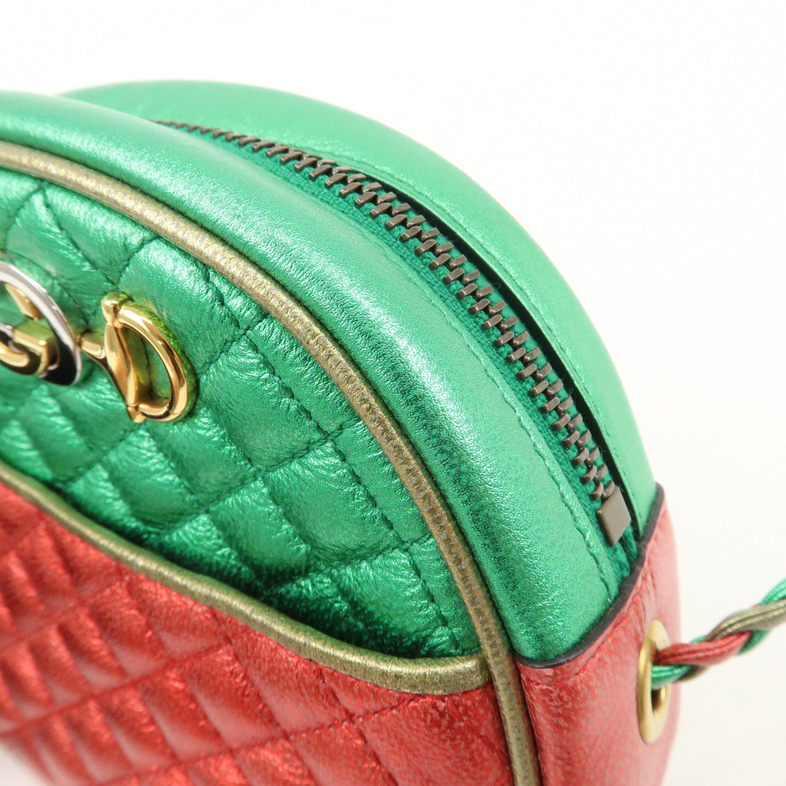 GUCCI Laminate Quilting Leather Shoulder Bag Green Red Gold 534951