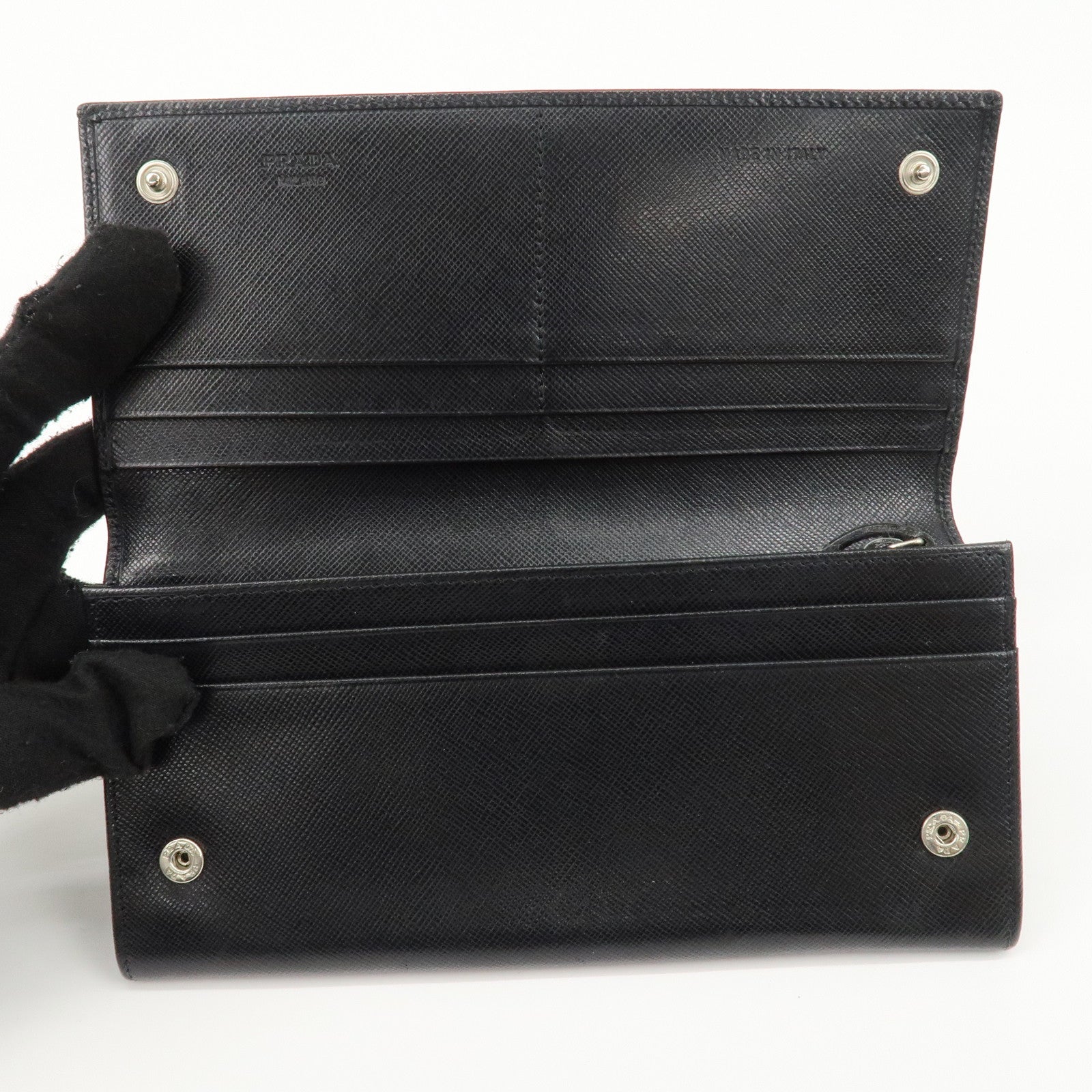 PRADA Leather Bi-fold Long Wallet Black Silver Hardware