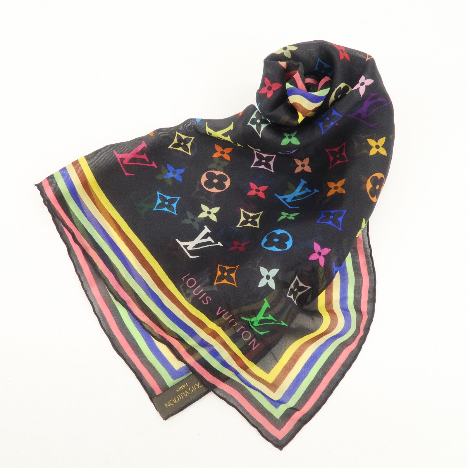 Louis Vuitton Monogram Multi Color 100% Silk Scarf Noir M71916 Used