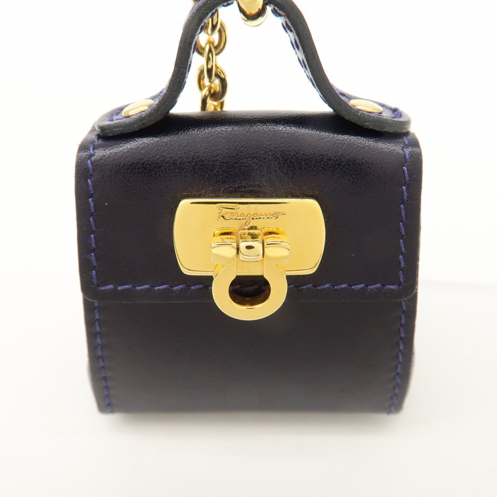 Ferragamo Leather Gancini Bag Motif Charm Dark Purple 22.5641 Used