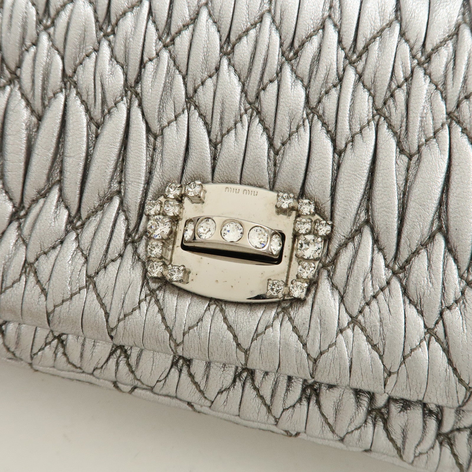 MIU MIU Matelasse Leather Nappa Crystal Shoulder Bag Silver 5BH012 Used