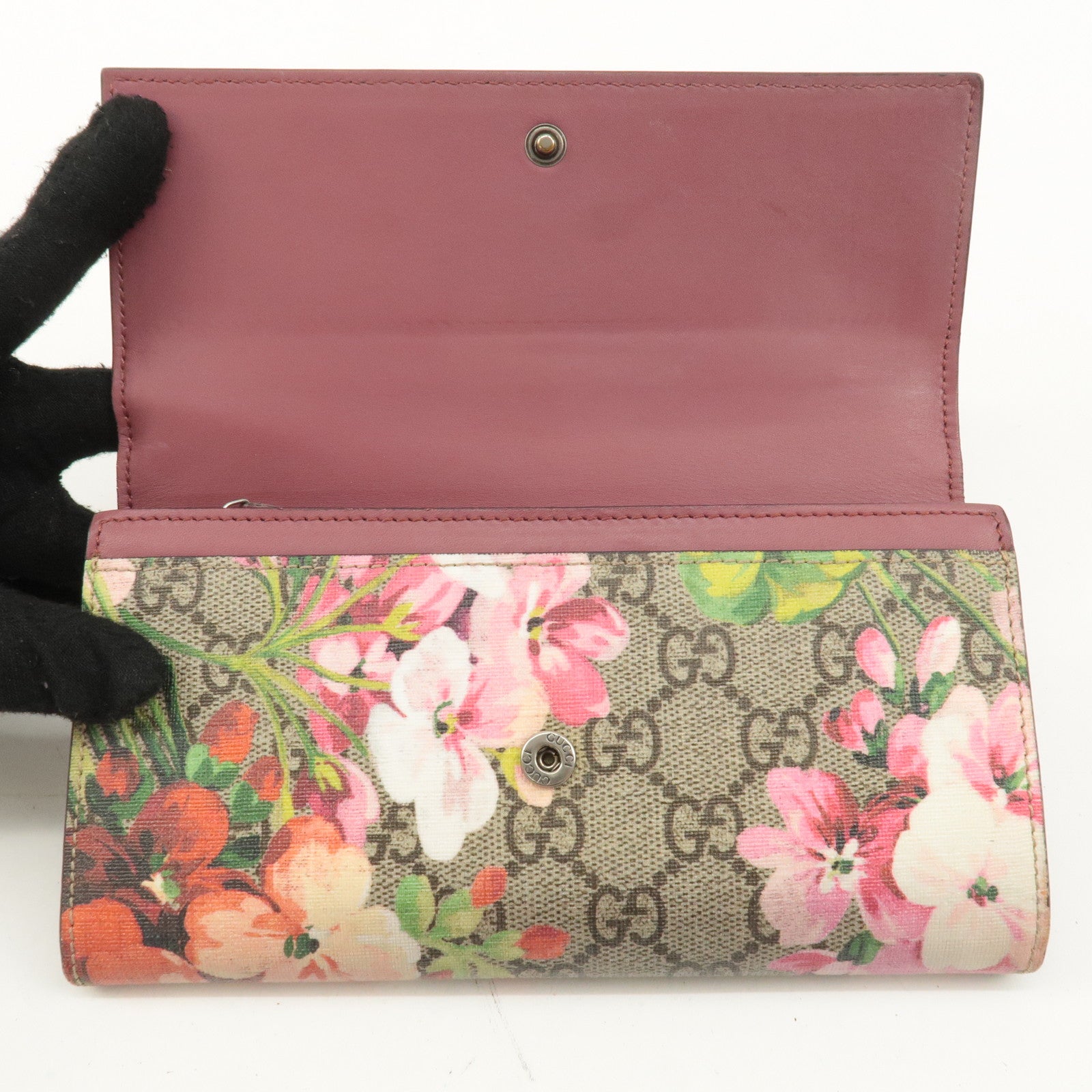 GUCCI GG Supreme Flower Bi Fold Long Wallet Beige Pink Red 404070