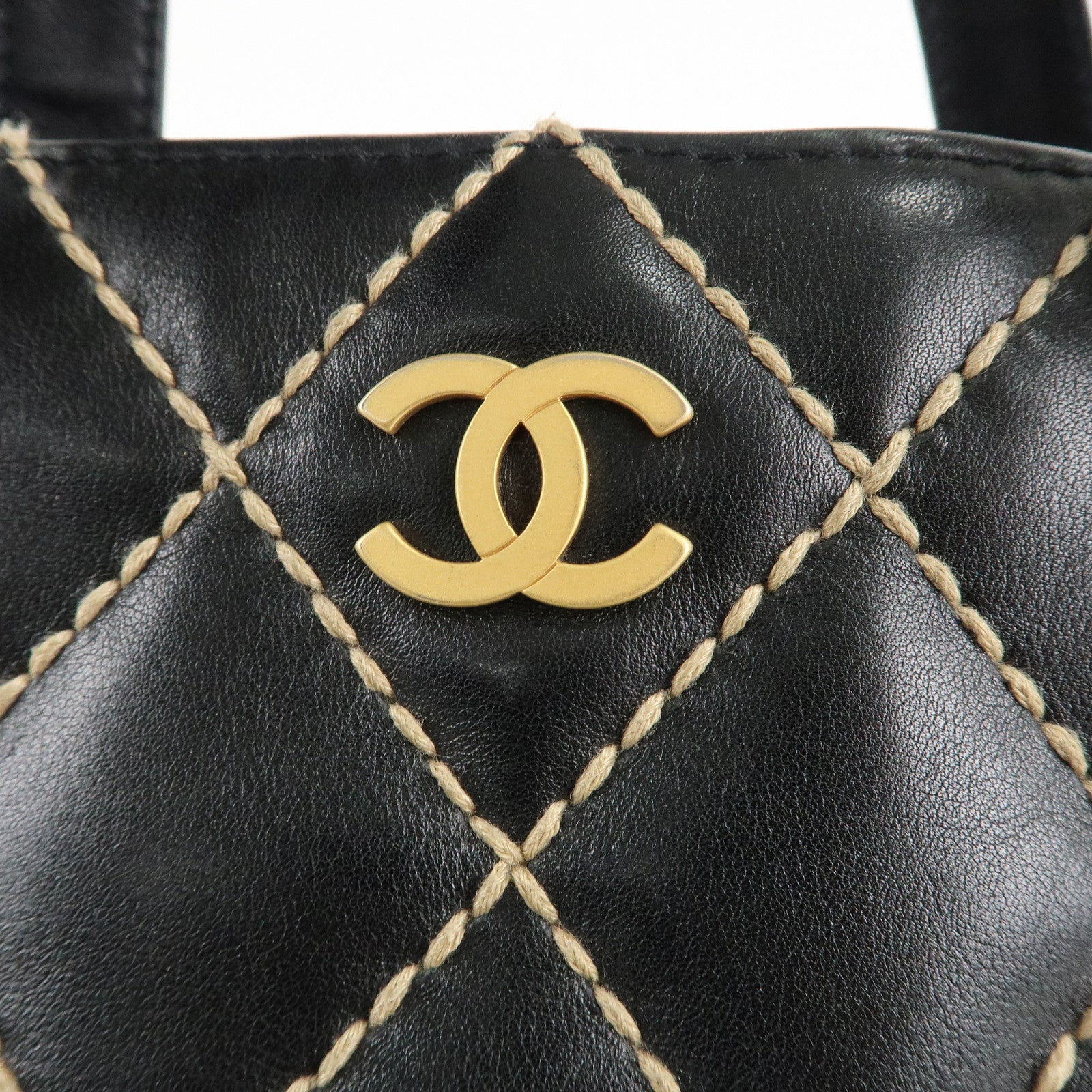 CHANEL Wild Stich Lamb Skin Tote Bag Hand Bag Black A18126 Used