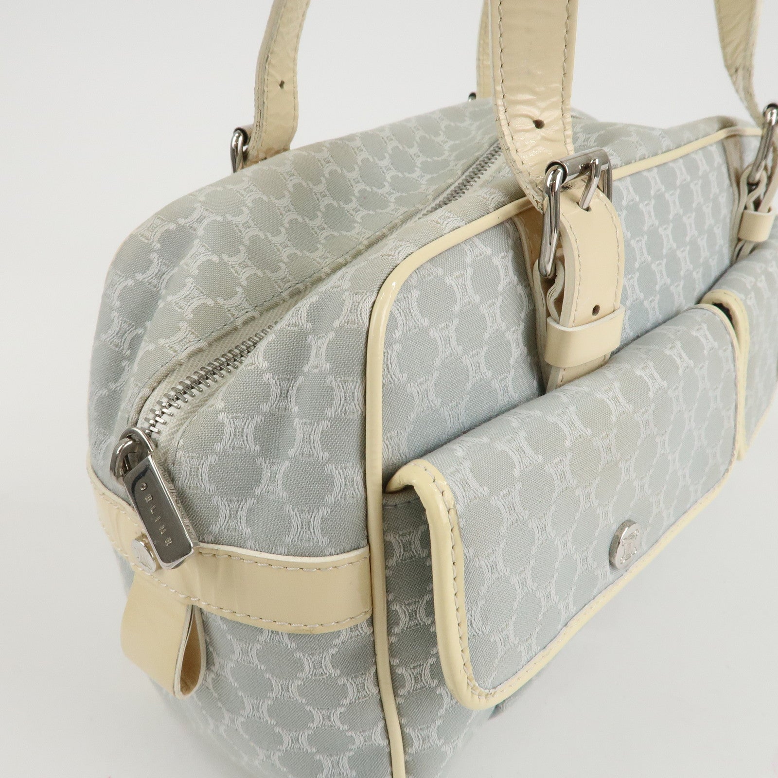 CELINE Macadam Canvas Patent Leather Boston Bag Blue Ivory Used