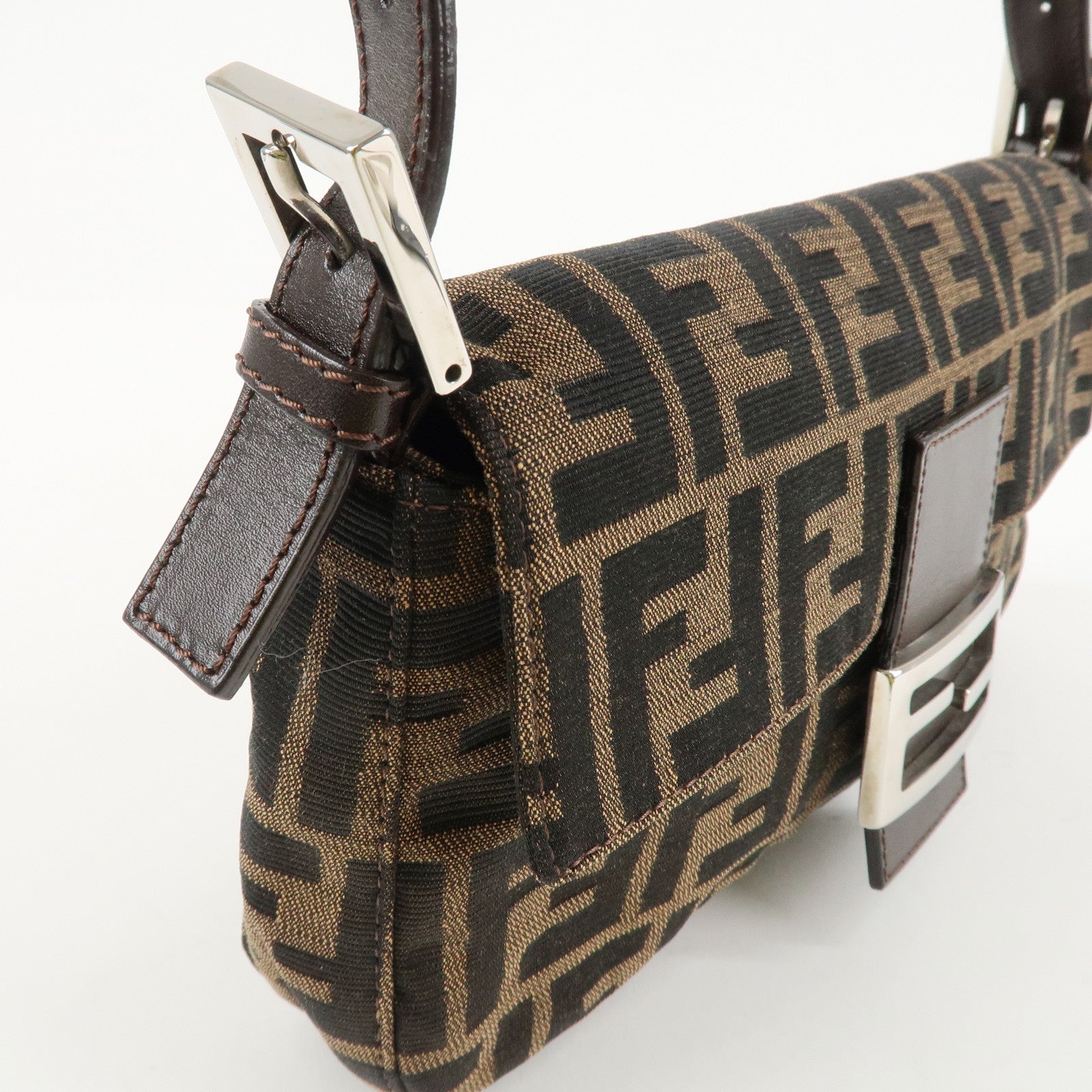 FENDI Mamma Baguette Zucca Canvas Shoulder Bag Brown Black 26424