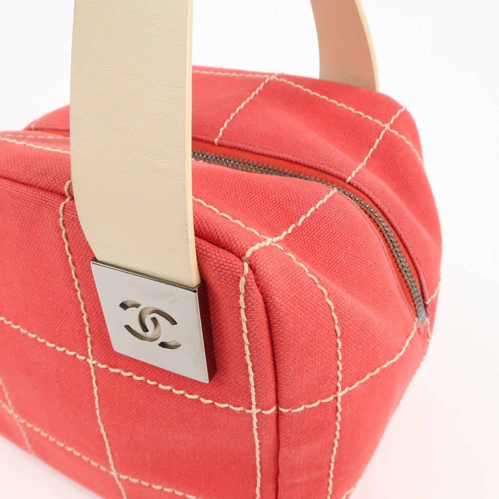 CHANEL Chocolate Bar Canvas Leather Mini Boston Bag Red Ivory Used