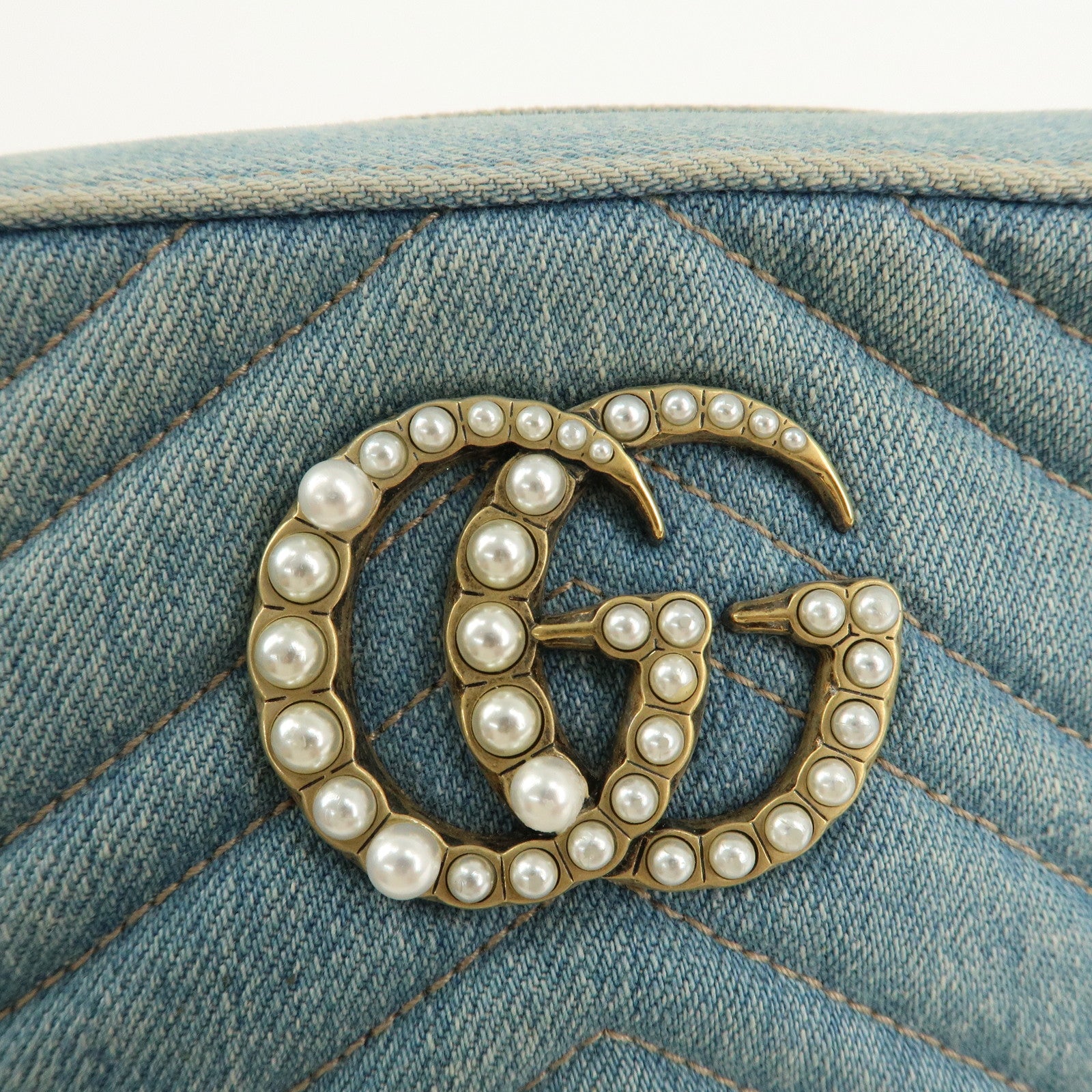 GUCCI GG Marmont Denim Leather Chain Shoulder Bag LIght Blue447632 Used