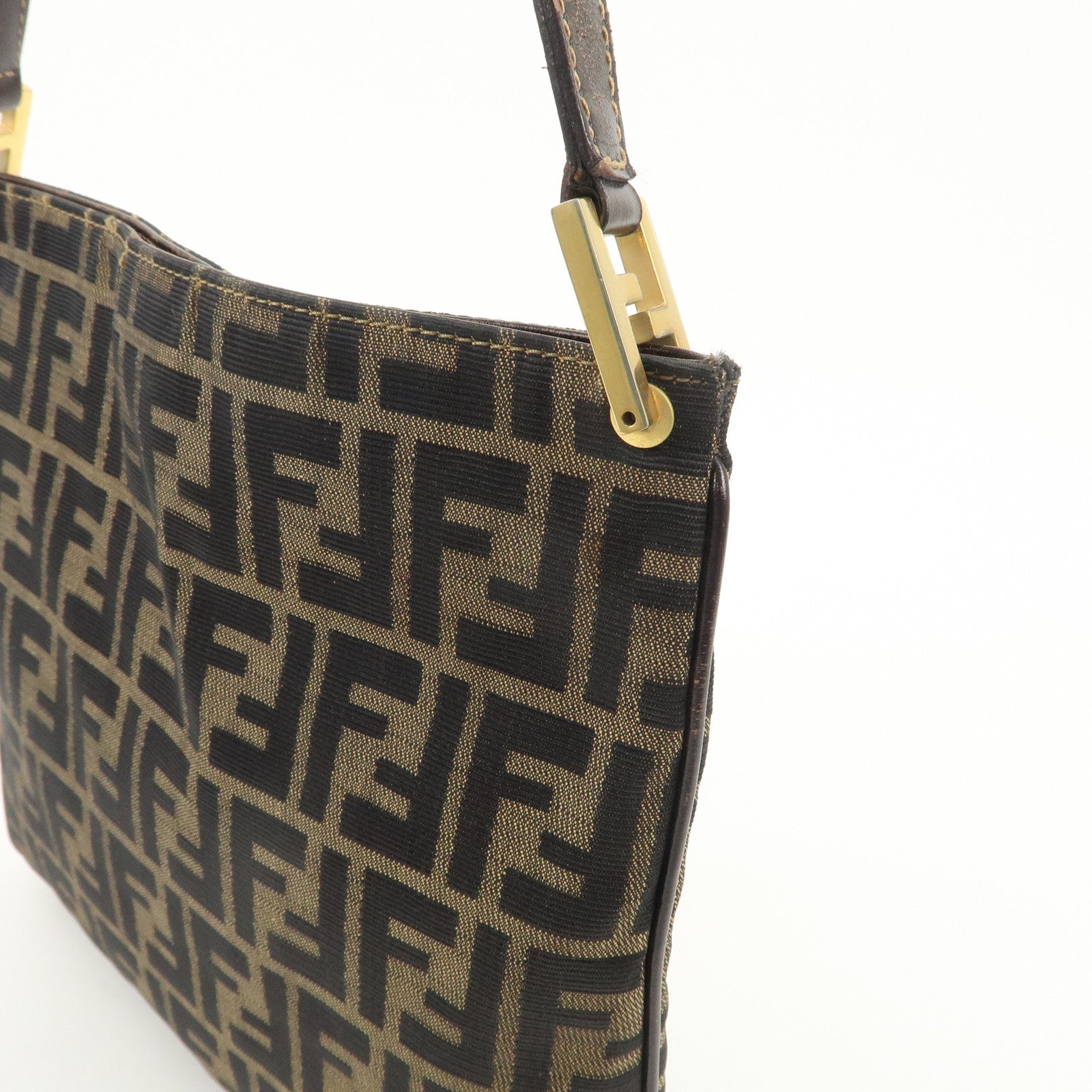 FENDI Zucca Canvas Leather Shoulder Bag Brown Black Gold Hardware Used