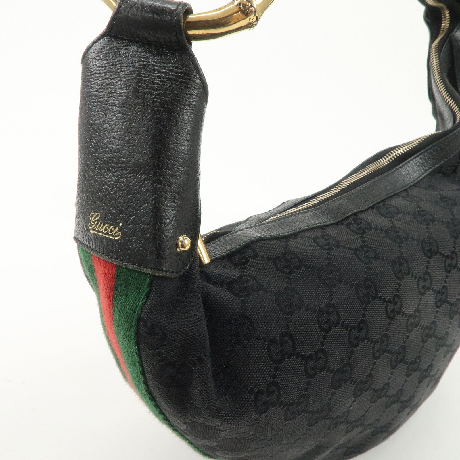 GUCCI Bamboo Sherry GG Canvas Leather Shoulder Bag Black 131036