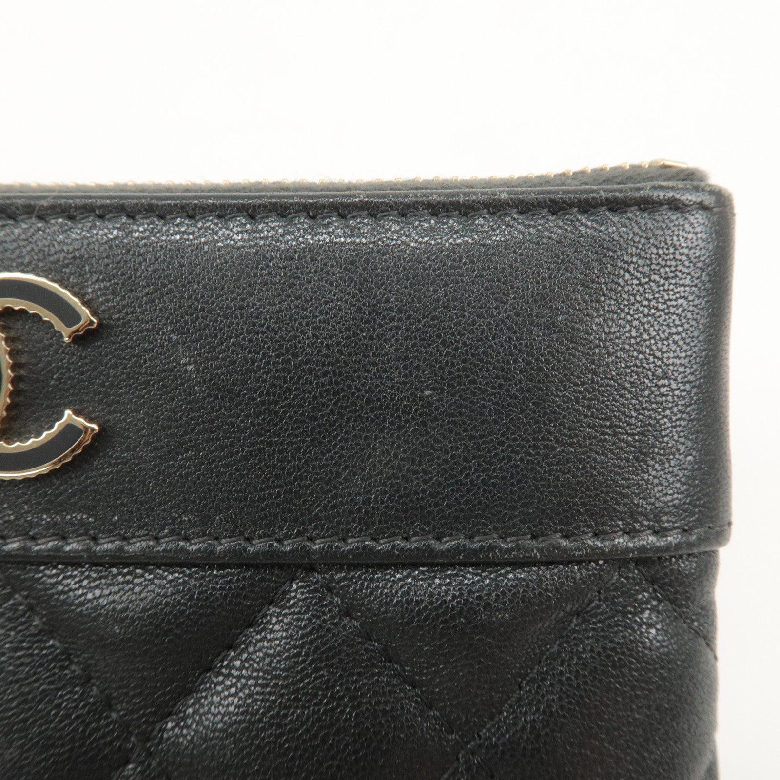 CHANEL Matelasse Lamb Skin Coco Mark Pouch Black Gold Used