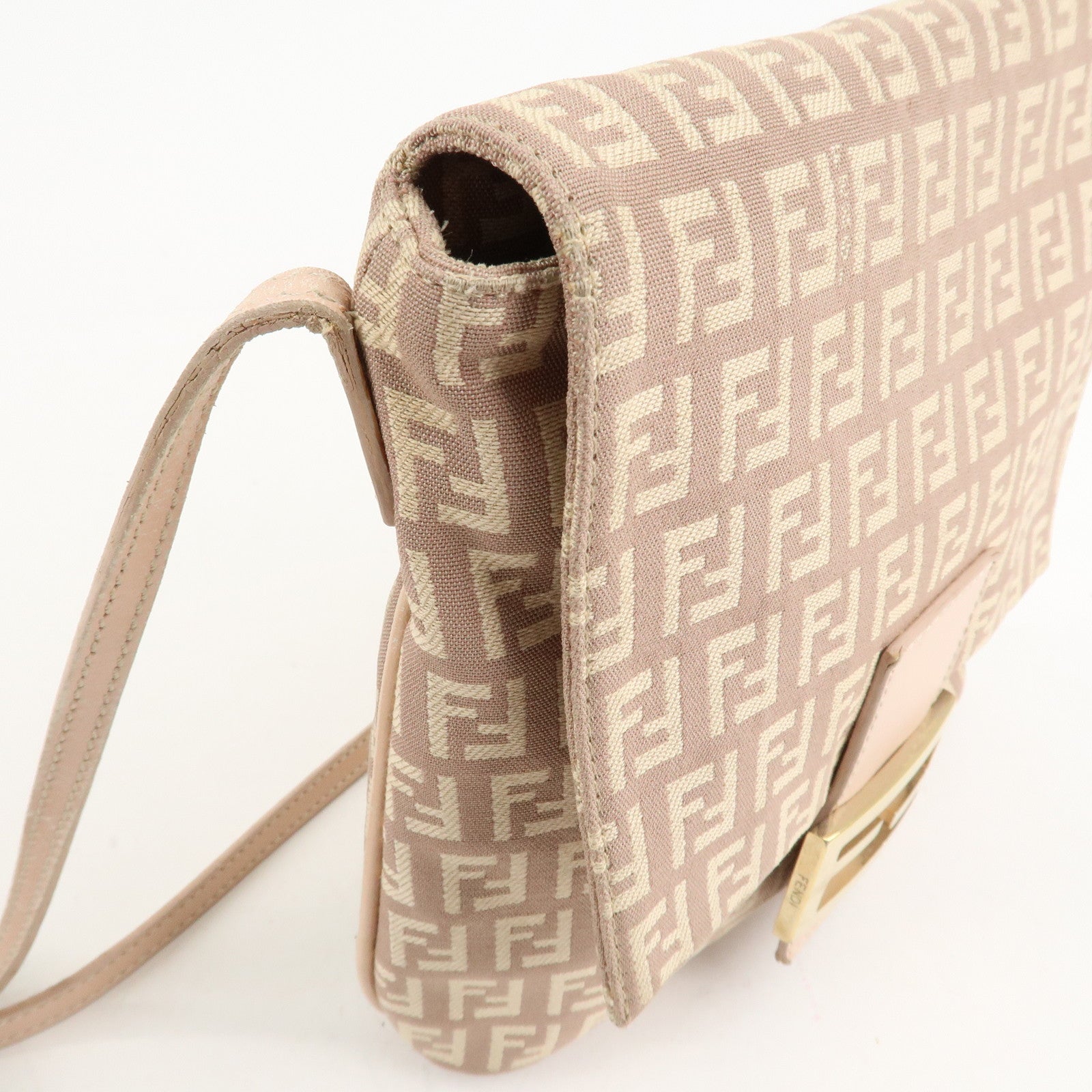 FENDI Zucchino Canvas Leather Shoulder Bag Pink Beige 8BT075 Used